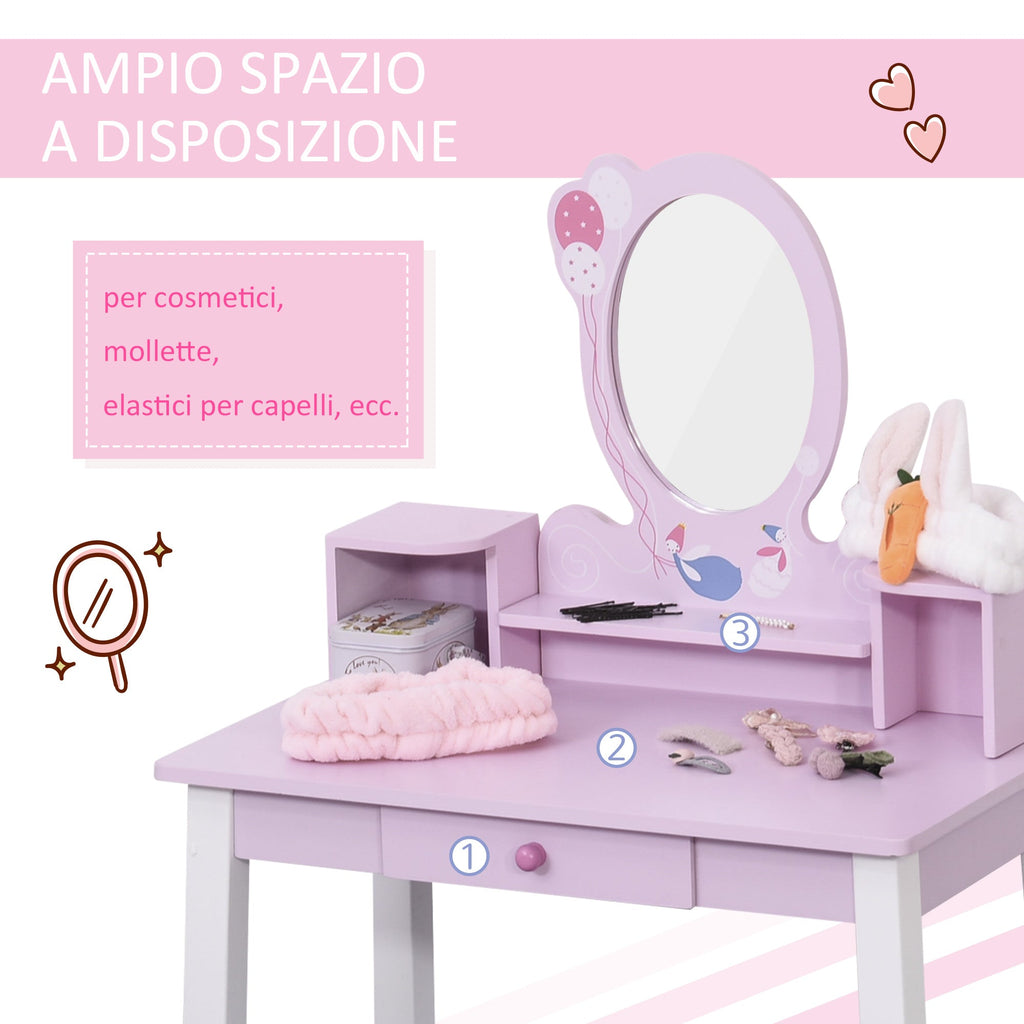 Easycomfort Toeletta per Bambine +3 Anni in Legno, Set Tavolo da Trucco Giocattolo with Specchio e Sgabello, Rosa