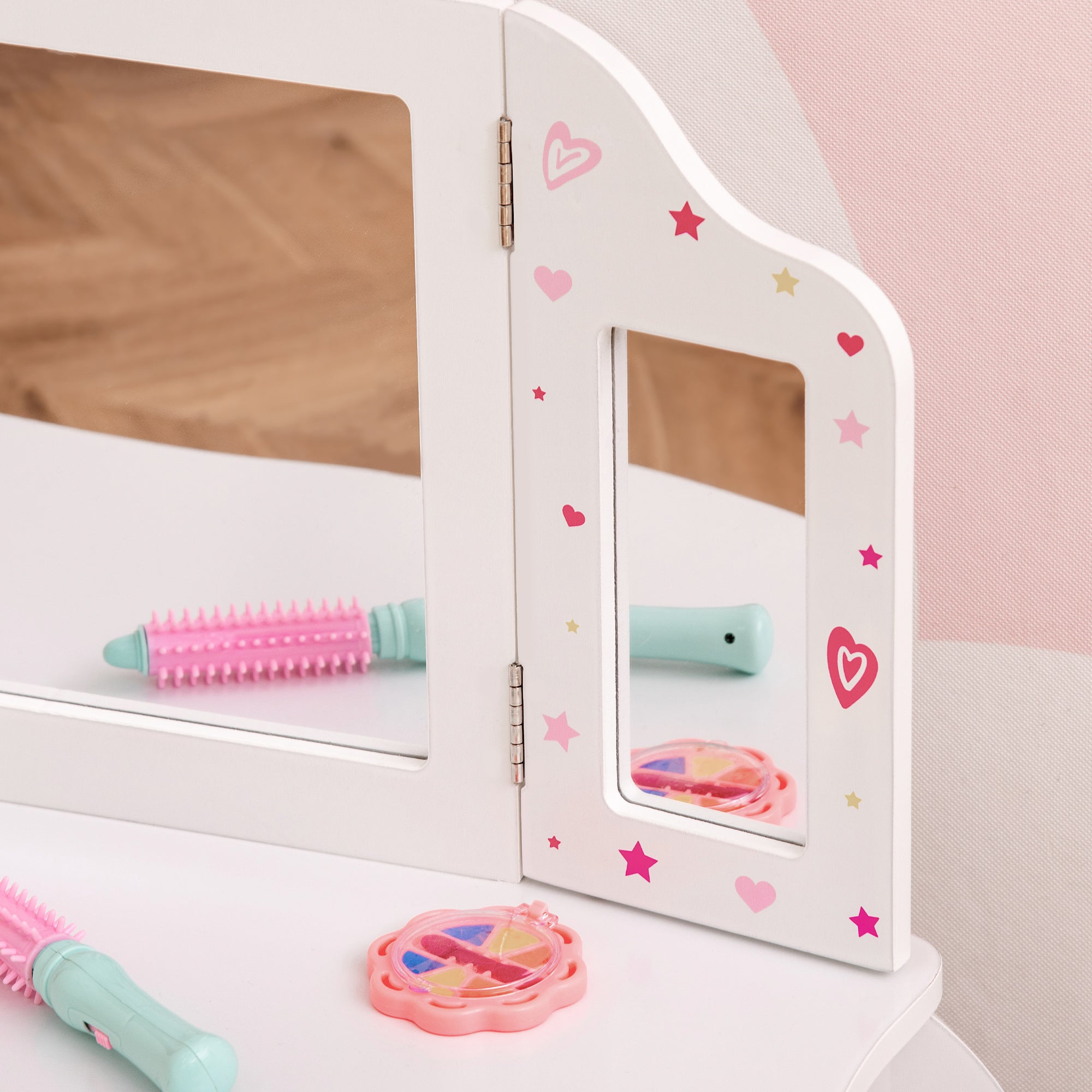 Easycomfort Toeletta per Bambini with Sgabello, Tavolo Trucco with Triplo Specchio e Cassetto, 63x40x85.5cm, white