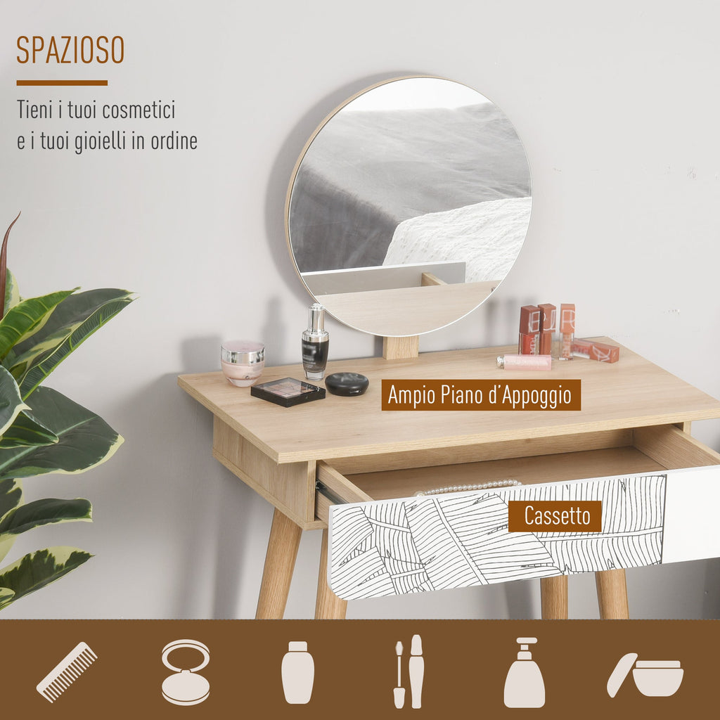 Easycomfort Toeletta Tavolo da Trucco with Specchio Circolare Ф39cm, Consolle Trucco with Cassetto with Decorazione Jungle, white e Rovere, 70x39x119-128cm