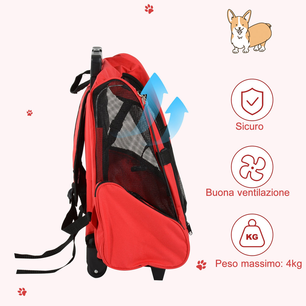 EASYCOMFORT 2 in 1 Backpack Carrier for Dogs and Cats with Side Pockets, Telescopic Handle and Wheels, 42x25x55cm, Red