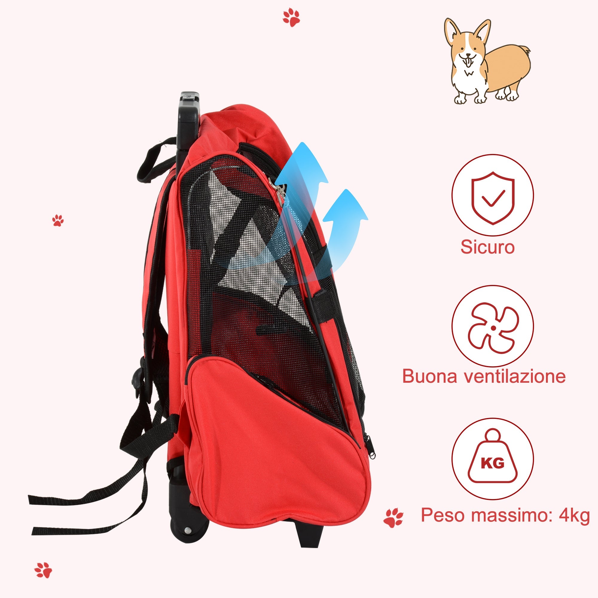 EASYCOMFORT 2 in 1 Backpack Carrier for Dogs and Cats with Side Pockets, Telescopic Handle and Wheels, 42x25x55cm, Red