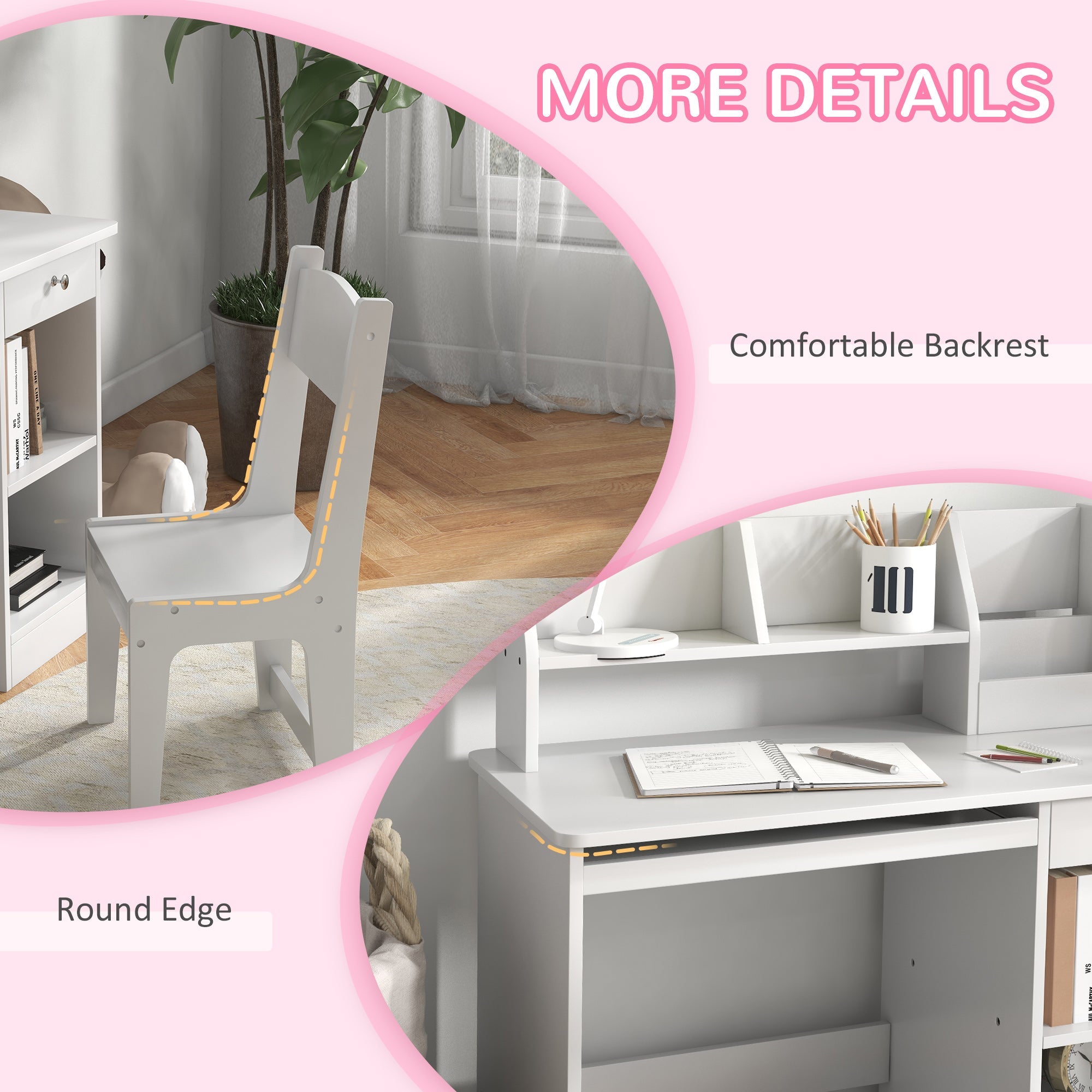 EasycomfortZONEKIZ Banco Scuola e Sedia per Bambini da 5-8 Anni with Scaffale e Mensola Estraibile in Legno white