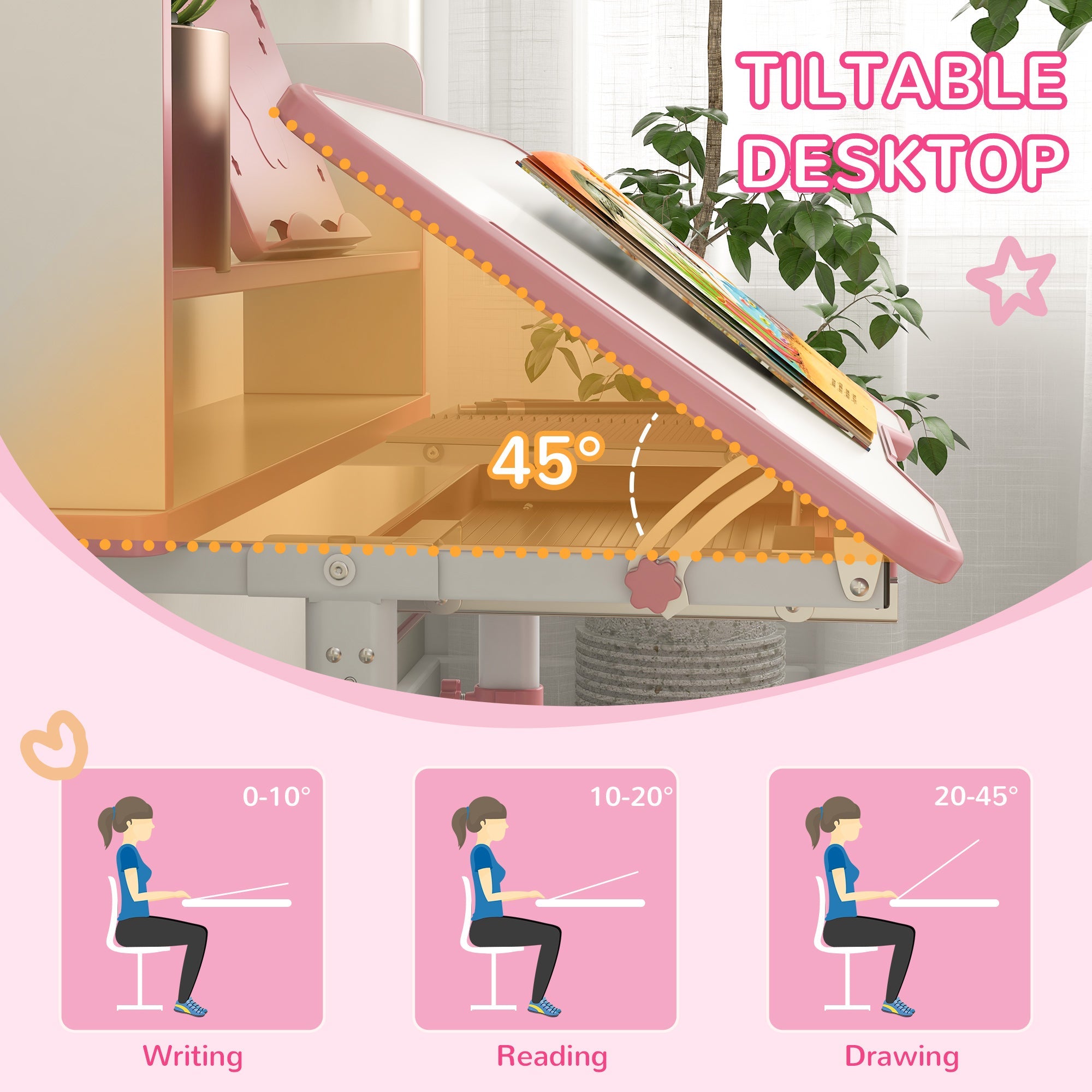 EasycomfortZONEKIZ Set Scrivania per Bambini with Sedia Regolabile in Altezza e Piano Inclinabile, Età 6-12 Anni, Rosa