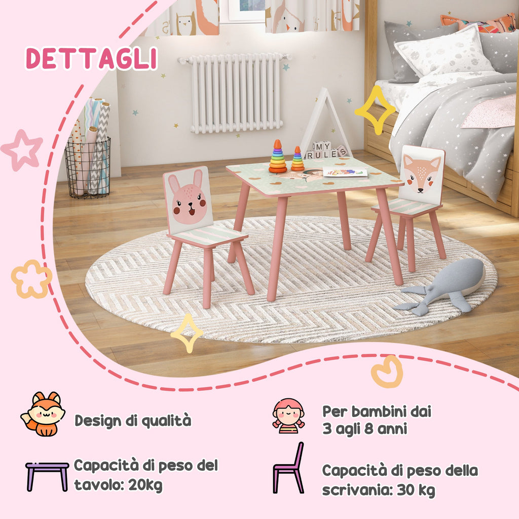 EasycomfortZONEKIZ Set Tavolo e Sedie 3 Pezzi per Bambini 3-8 Anni in MDF e Legno di Pino with Disegni di Animali, Rosa