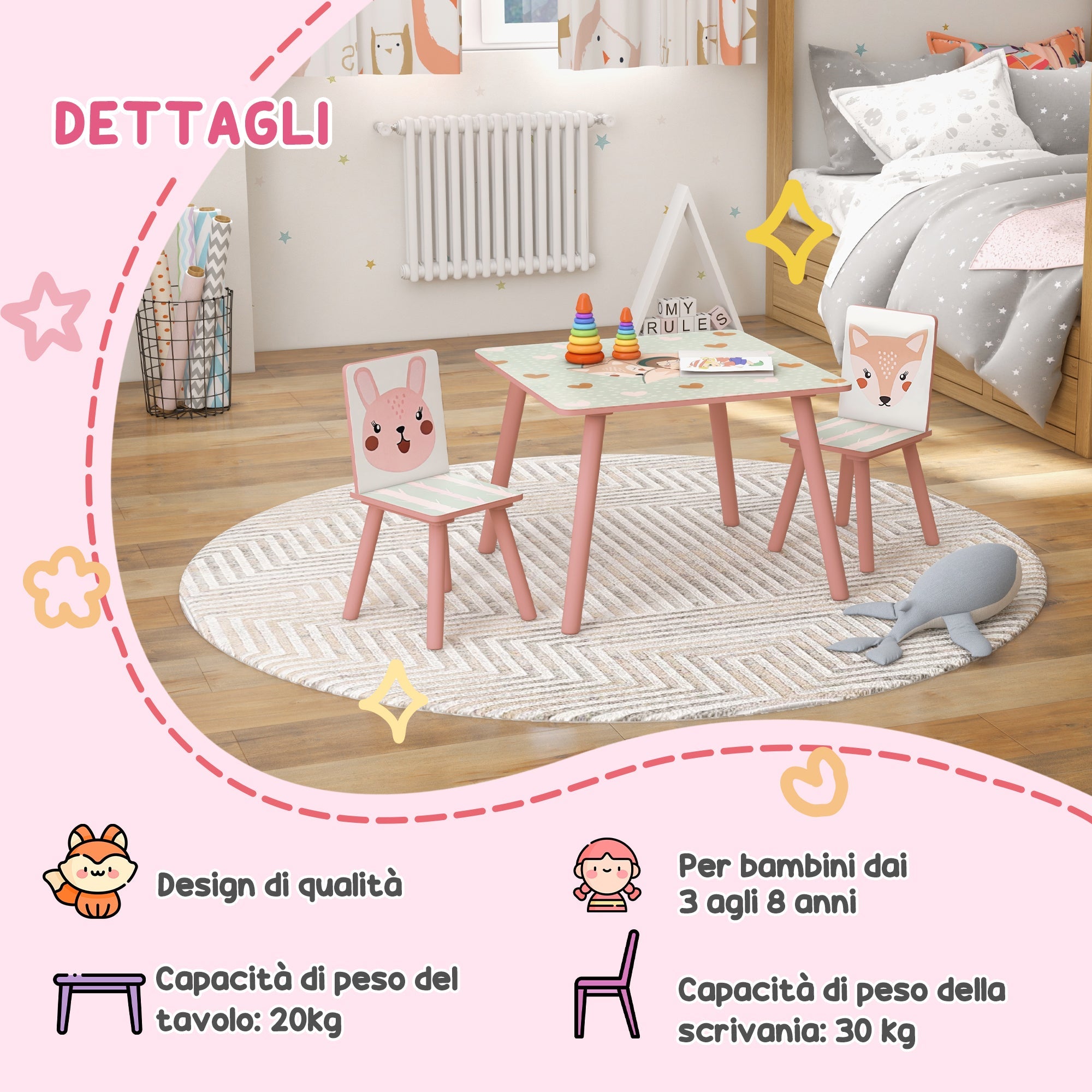 EasycomfortZONEKIZ Set Tavolo e Sedie 3 Pezzi per Bambini 3-8 Anni in MDF e Legno di Pino with Disegni di Animali, Rosa