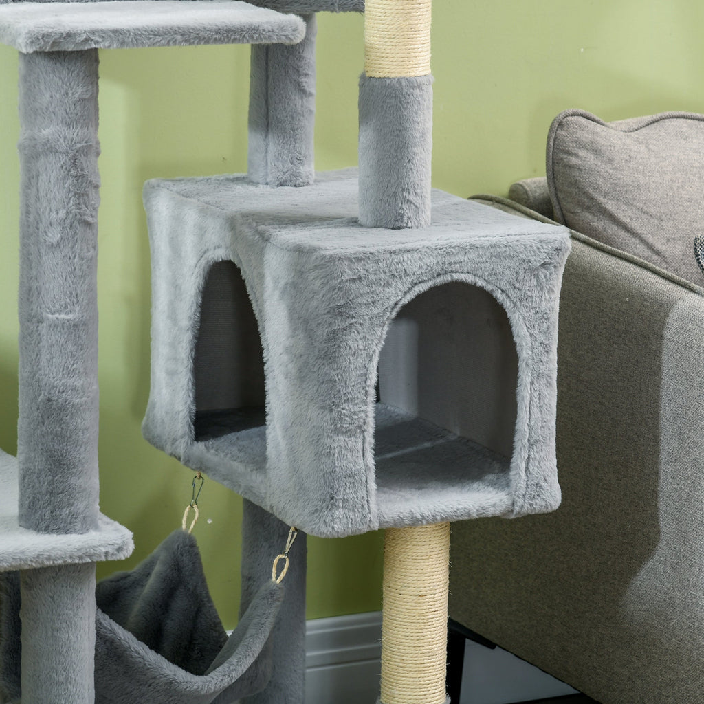 Easycomfort Albero per Gatti with Amaca, Lettino e 2 Casette, in Truciolato e Peluche, 55x49x177 cm, Grigio e white