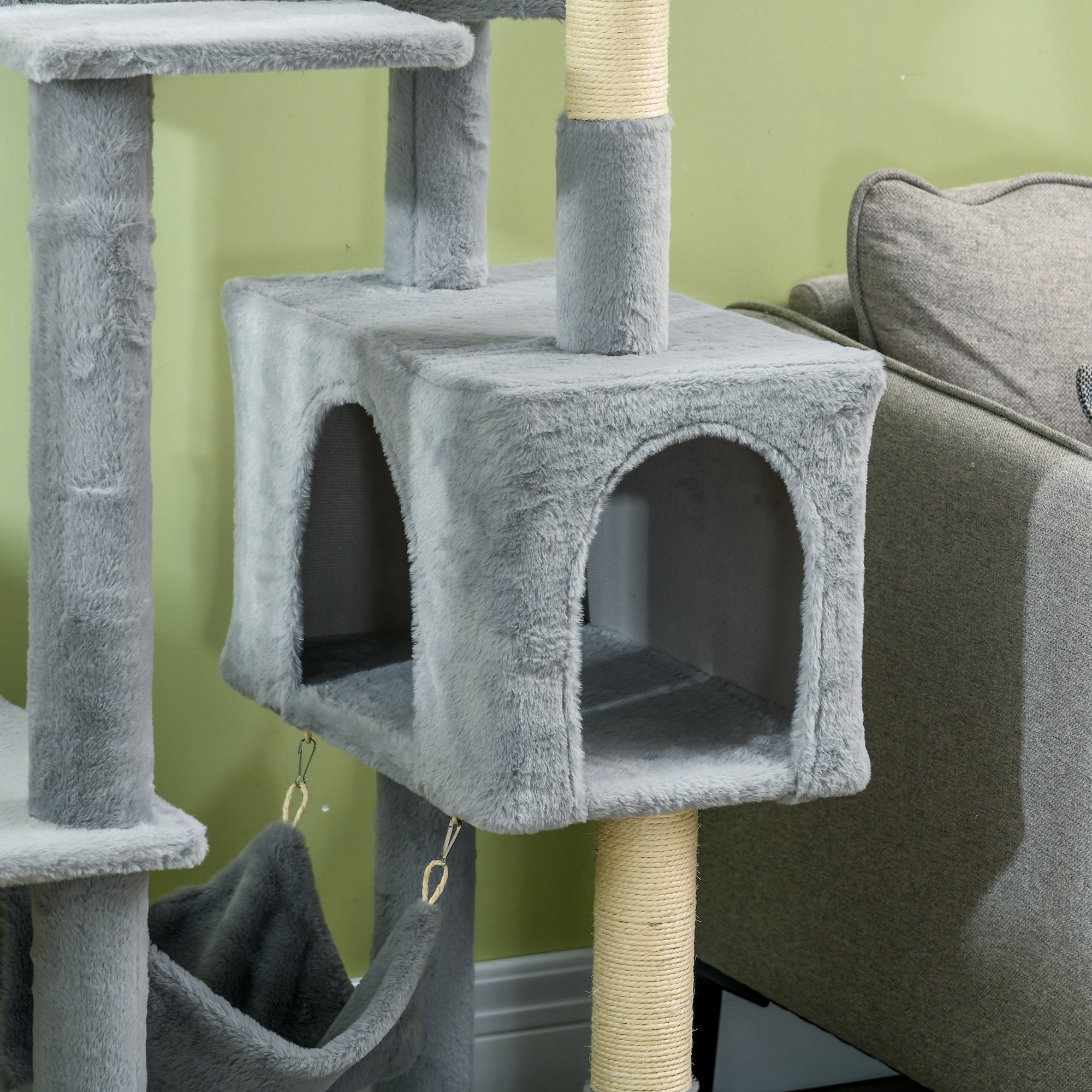 Easycomfort Albero per Gatti with Amaca, Lettino e 2 Casette, in Truciolato e Peluche, 55x49x177 cm, Grigio e white