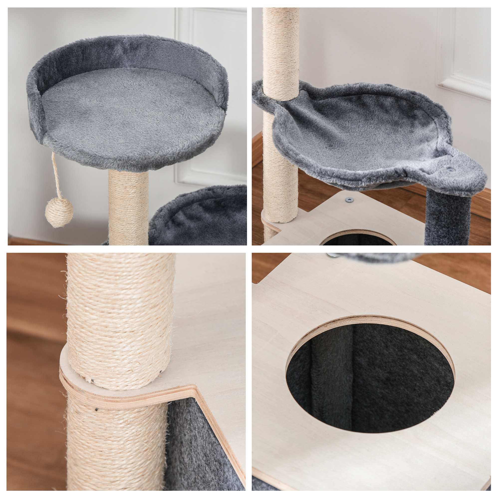 EASYCOMFORT Multilevel Scratching Post Tree for Adult Cats, Cat Gym with House, Hammock, Kennel and Sisal Ropes, 48x34x95cm, Gray