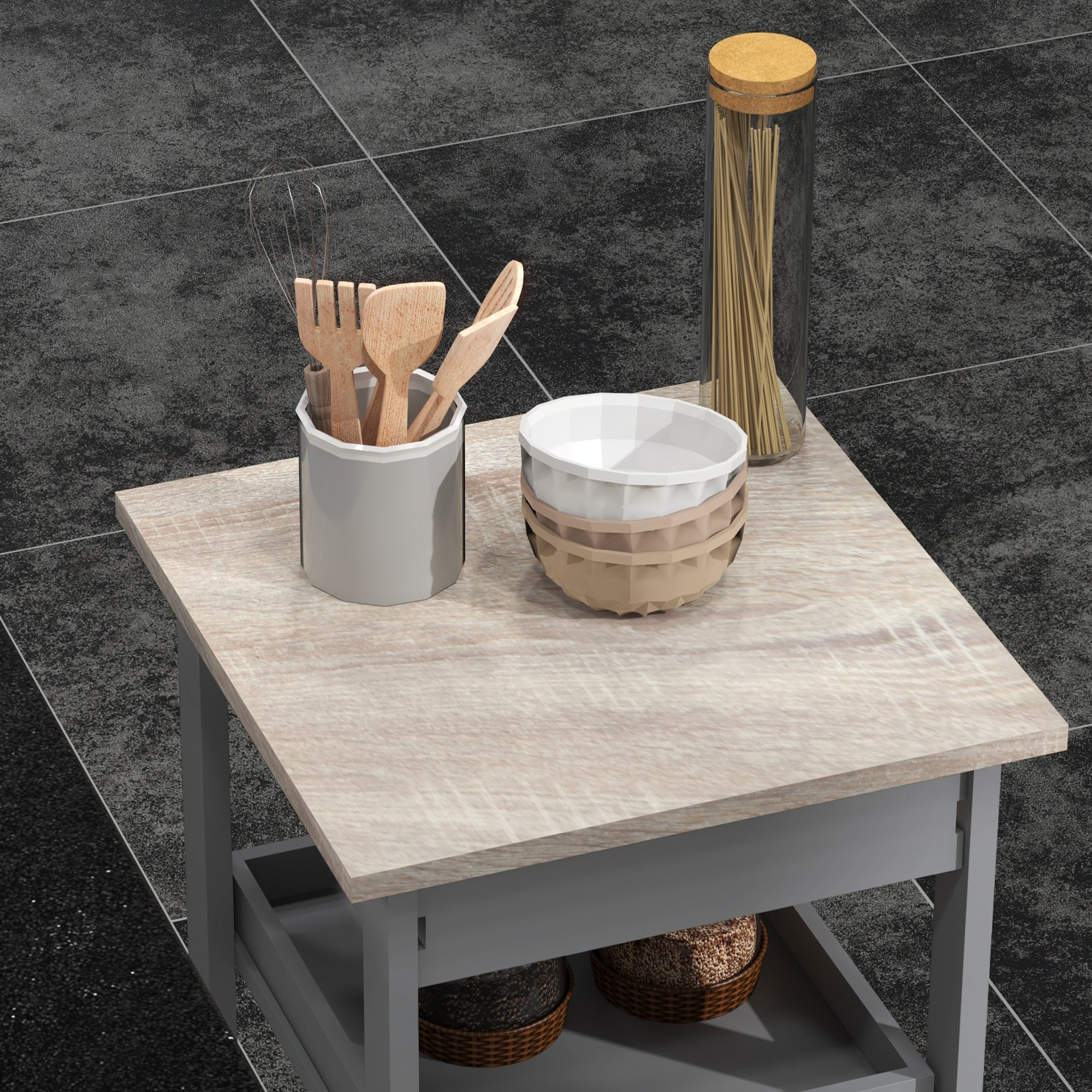 Easycomfort Carrello da Cucina with Cassetto, 2 Vassoi Estraibili e Ripiano Fisso, in Legno di Pino e MDF, 37x37x76 cm