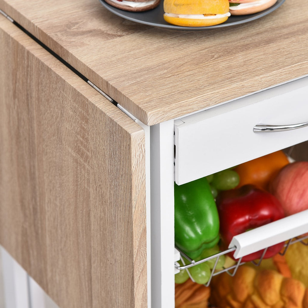 Easycomfort Carrello Portavivande Pieghevole a 6 Ruote with 3 Cestini, Cassetto e 2 Ribalte, Carrellino per Cucina in MDF e Metallo, 37x37x77.5 cm, white e Legno