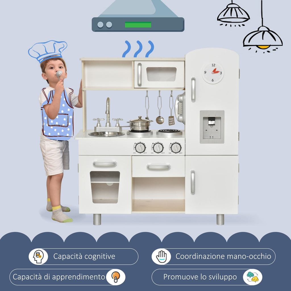 Easycomfort Cucina Giocattolo in Legno per Bambini with Lavandino e Fornelli, Pentole e Utensili in Acciaio, 74x30x81cm, white