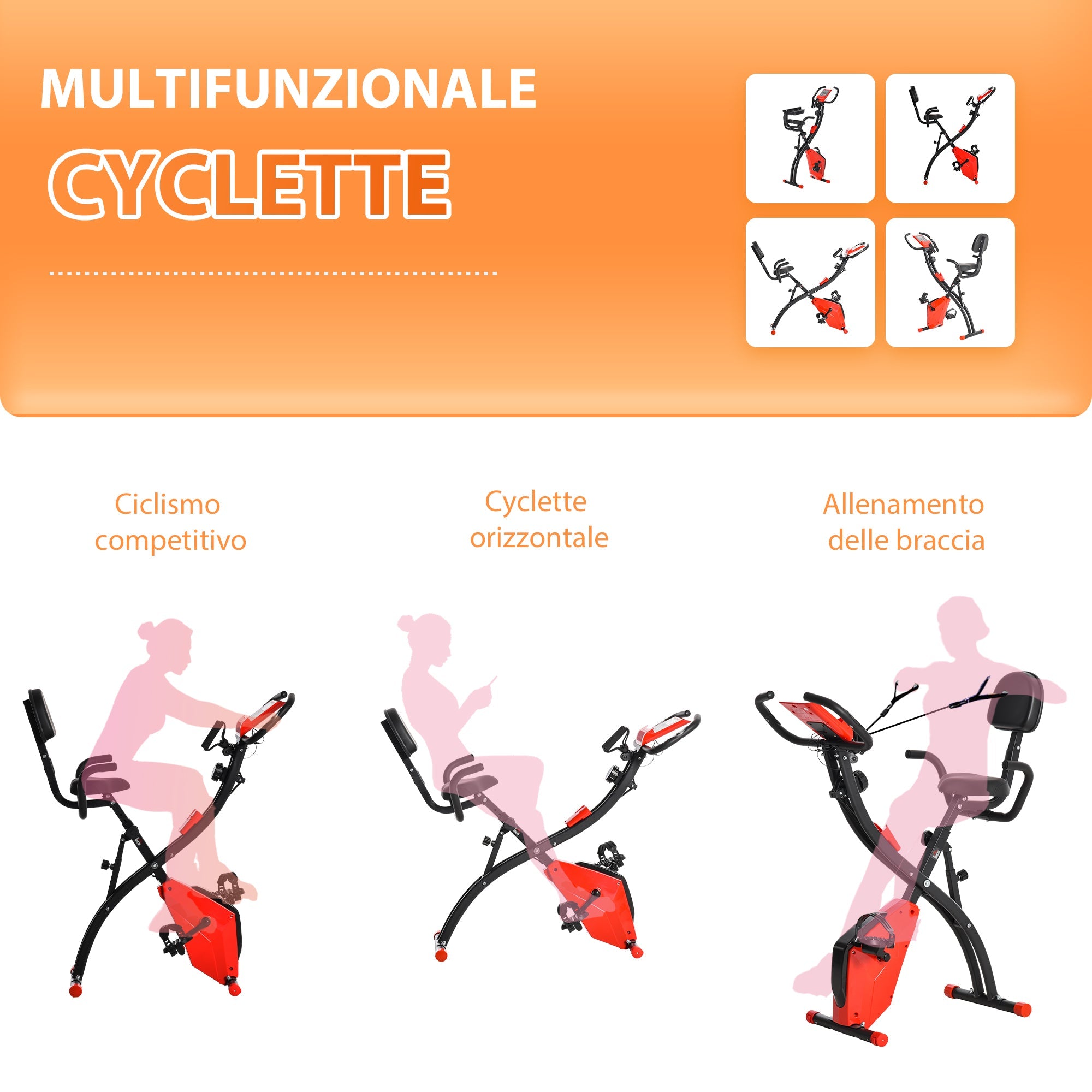 Easycomfort Cyclette Pieghevole 2 in 1, Resistenza Magnetica Regolabile 8 Livelli, Bici da Fitness with Sensore di Frequenza Cardiaca, Elastici per Braccia, Schermo LCD, Rosso