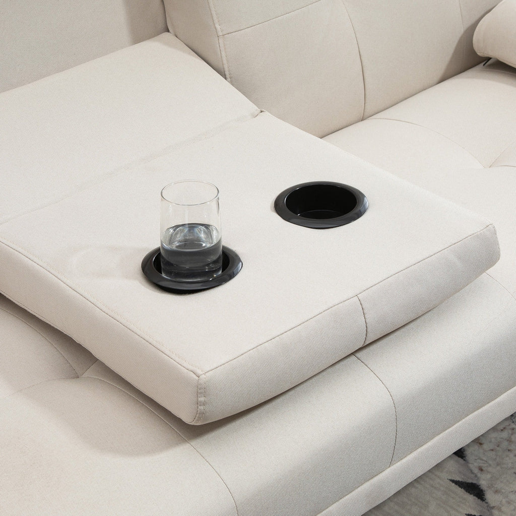 Easycomfort Divano Letto 3 Posti Reclinabile with Rivestimento Effetto Lino e Tavolino a Ribalta, Beige