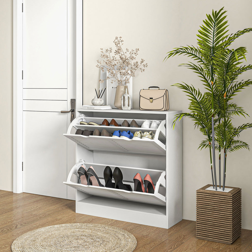 Easycomfort Mobile Scarpiera Salvaspazio in Legno per 16 Paia di Scarpe with 2 Ante a Ribalta, 81.5x25x83cm, white