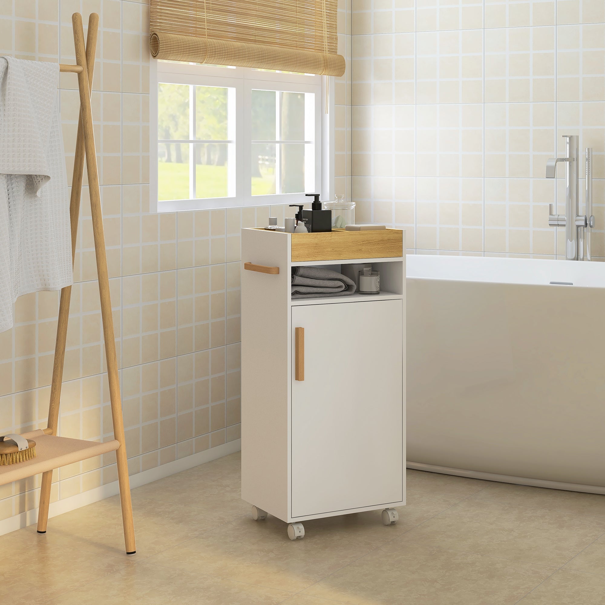 Easycomfort Mobiletto Bagno with Vassoio Rimovibile, Ripiano Aperto e Armadietto Chiuso, in Truciolato, 40x30x88 cm, white