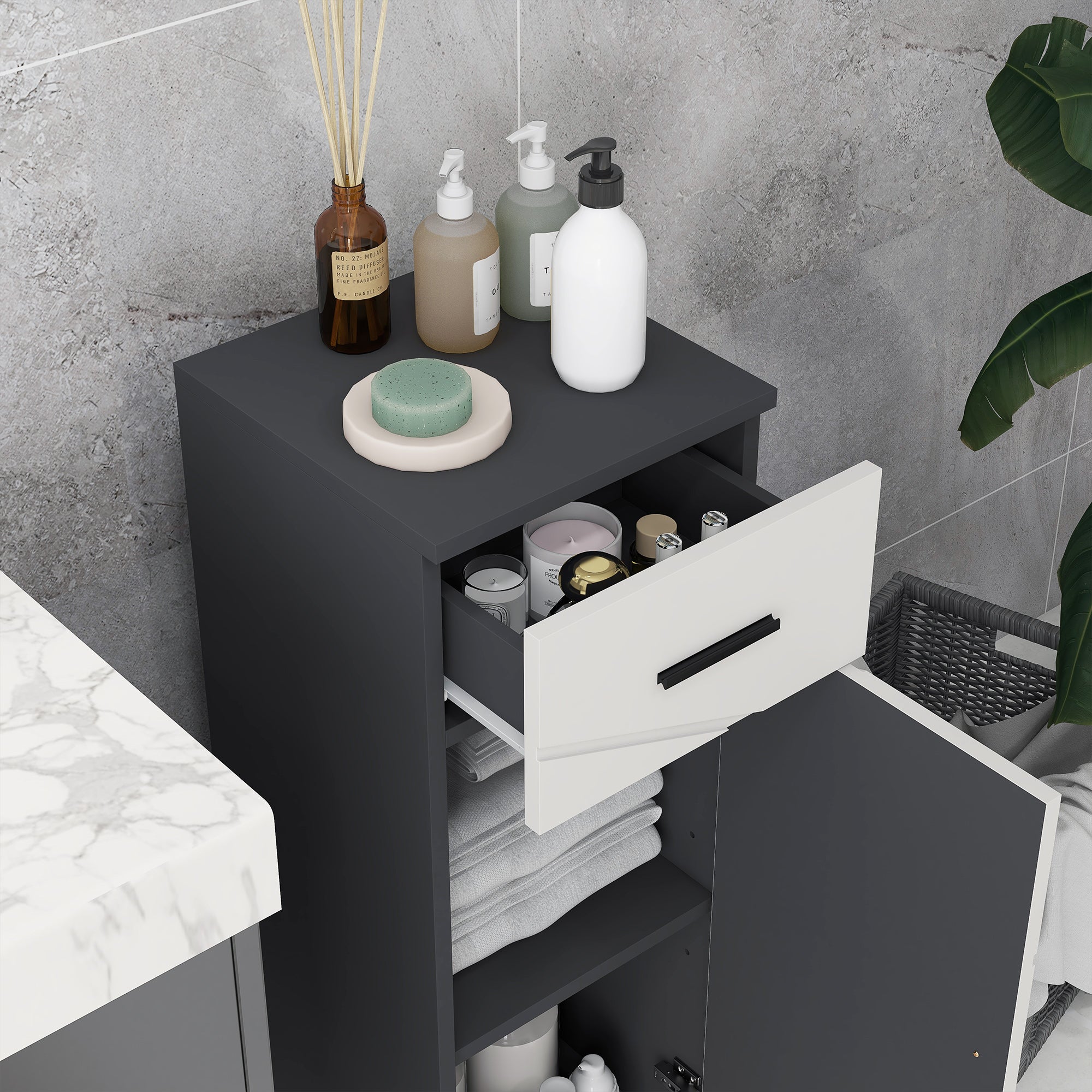 Easycomfort Mobiletto Bagno in Truciolato with Cassetto e Armadietto a 2 Livelli Regolabili, 30x30x82 cm, Grigio