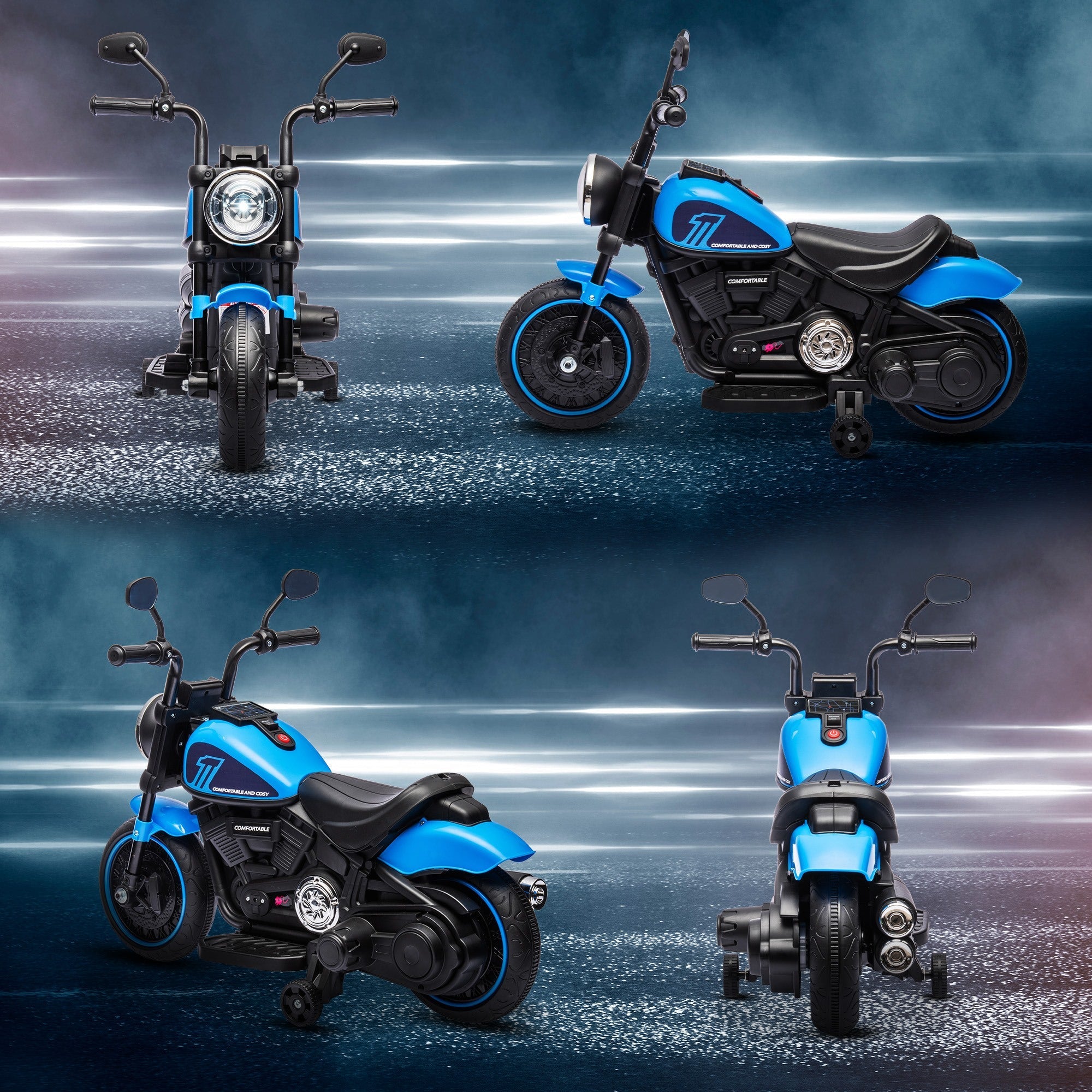 Easycomfort Moto Elettrica per Bambini 18-36 Mesi in PP e Metallo with Rotelle e Fanale, 76x42x57 cm, Blu e black