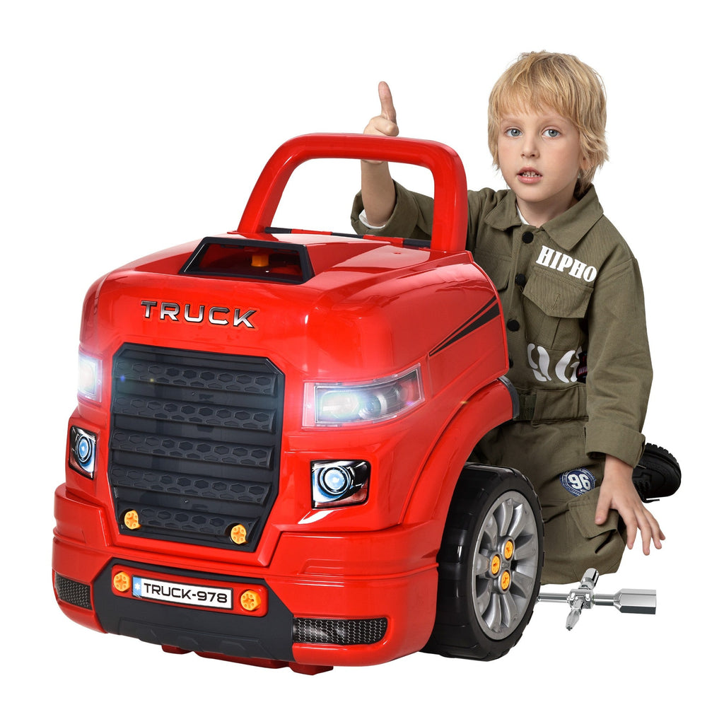 Easycomfort Officina Camion Giocattolo with Motore e 61 Accessori per Bambini 3-5 Anni, Ruote e Maniglia, 40x39x47cm, Rosso