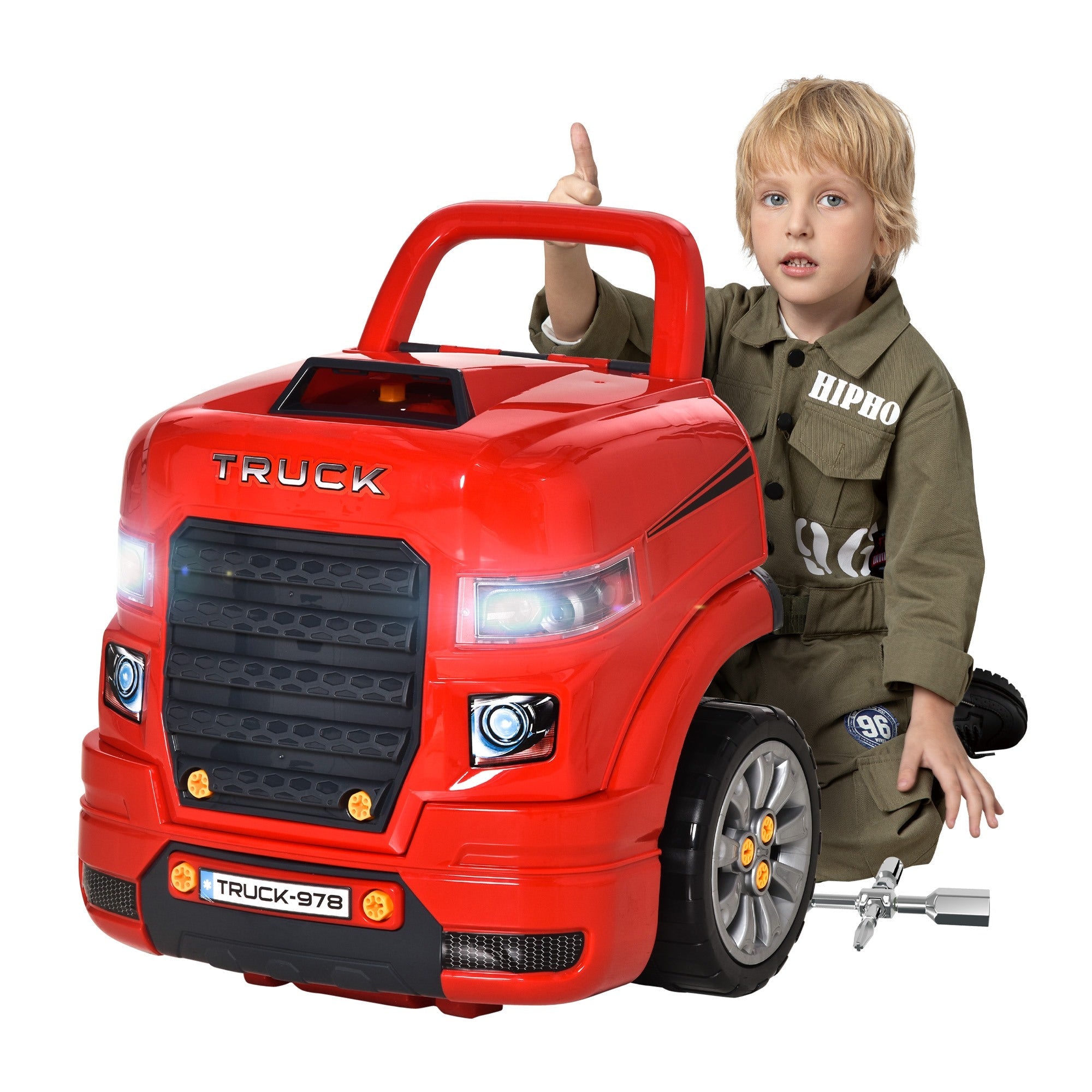 Easycomfort Officina Camion Giocattolo with Motore e 61 Accessori per Bambini 3-5 Anni, Ruote e Maniglia, 40x39x47cm, Rosso