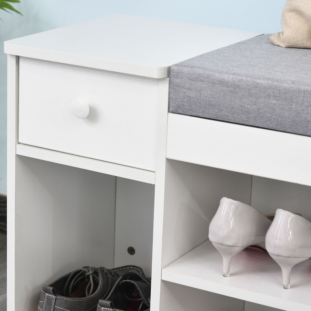 Easycomfort Panca Scarpiera with Cuscino, Cassetto e 3 Vani Aperti in Legno, 81x31.5x49cm, white