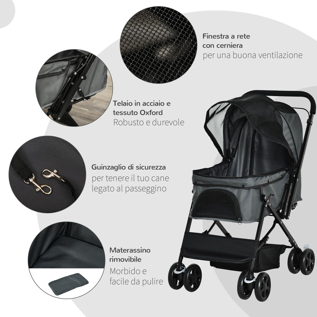 EASYCOMFORT Foldable Stroller for Small Dogs with Swivel Handle and Storage Basket, 76.5x52x95 cm, Gray