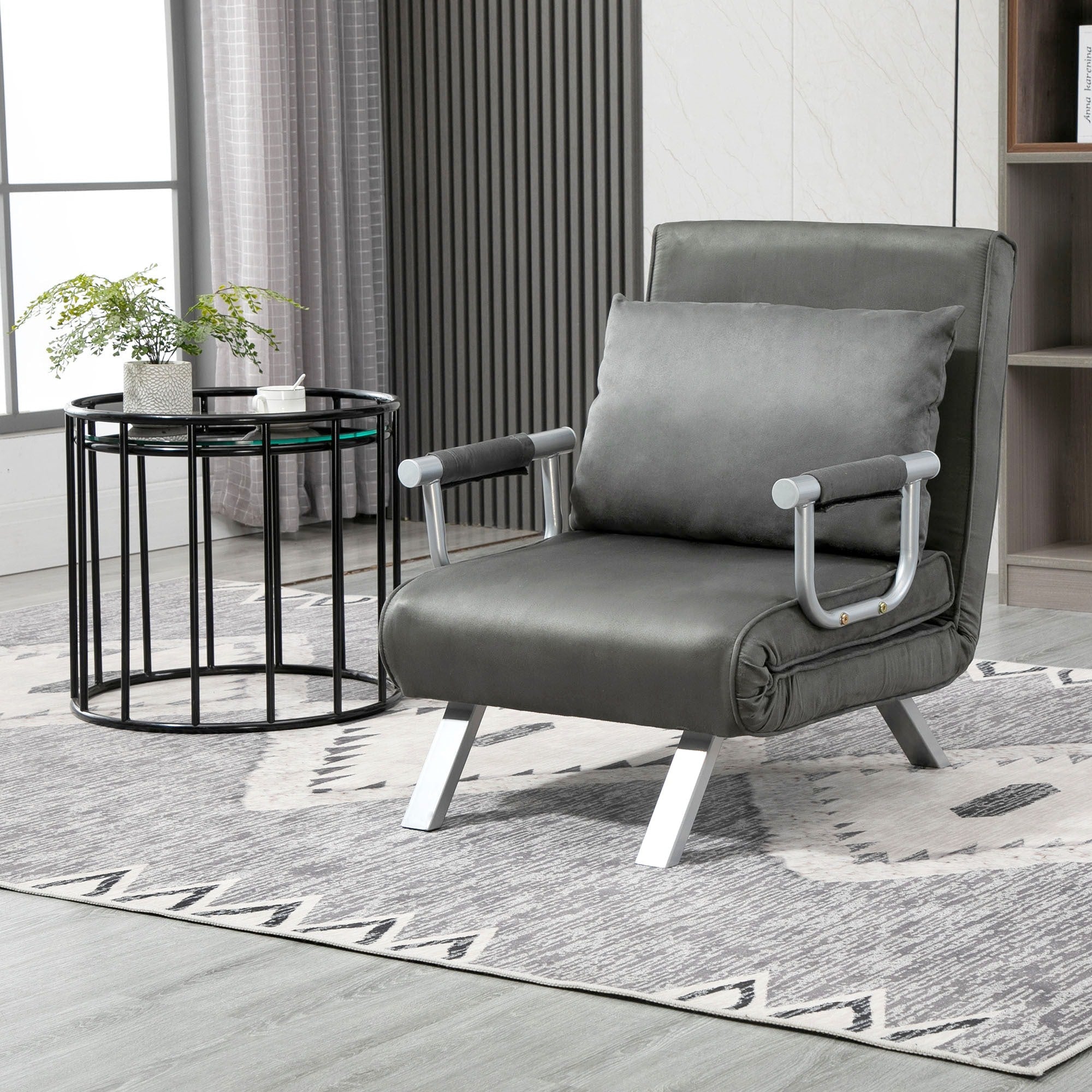 Easycomfort Poltrona Letto Singolo 3 in 1 with Schienale Reclinabile su 5 Livelli e Cuscino, Divano Letto Singolo Pieghevole per Soggiorno e Salotto in Pelle Scamosciata e Metallo, 65x69x80 cm, Grigio