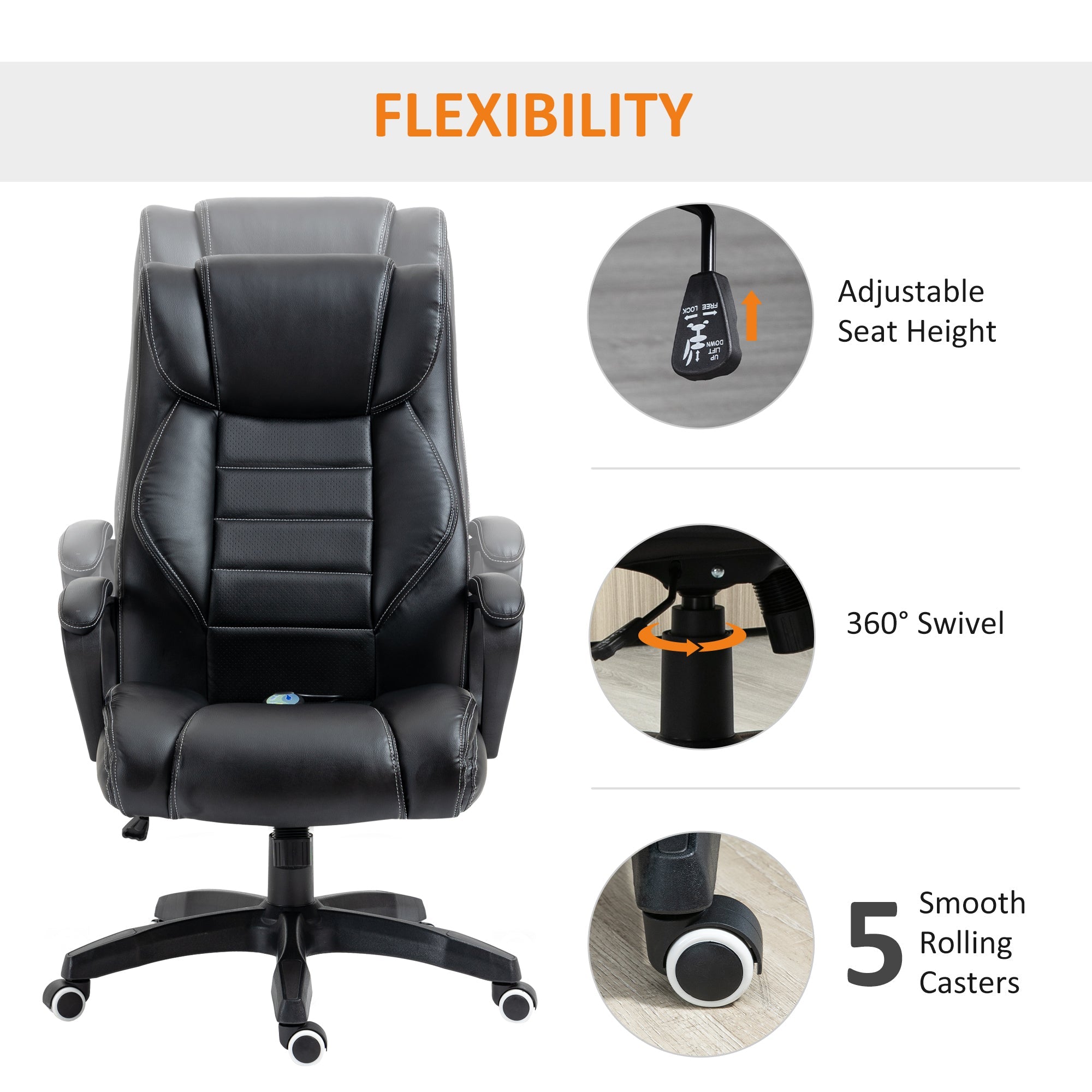 Easycomfort Poltrona Massaggiante da Ufficio a 6 Punti with Altezza Regolabile, in Similpelle Nera, 66x78x112-120 cm