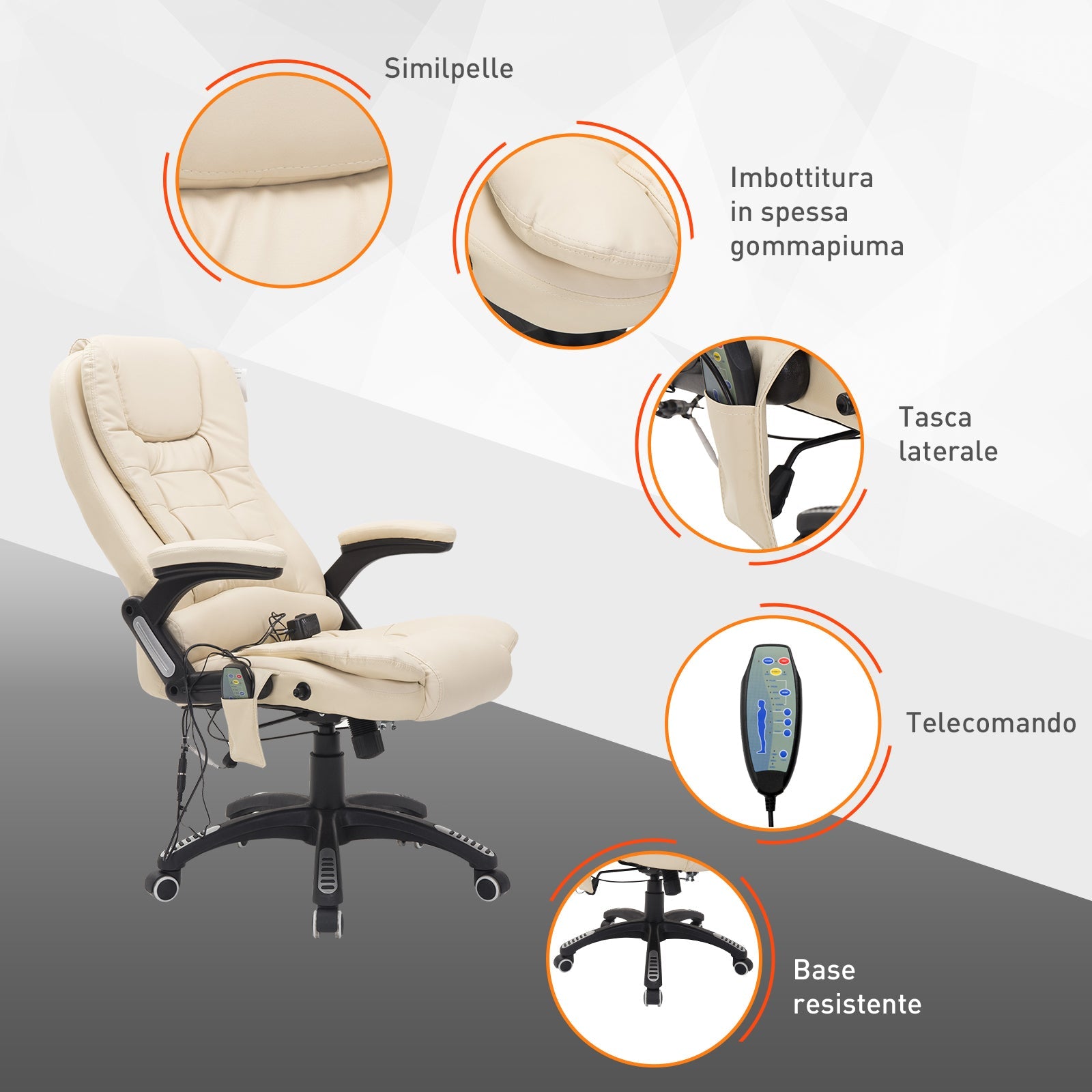 Easycomfort Poltrona Massaggiante da Ufficio ad Altezza Regolabile with 6 Punti Massaggianti, in PU, 62x68x111-121 cm, Beige