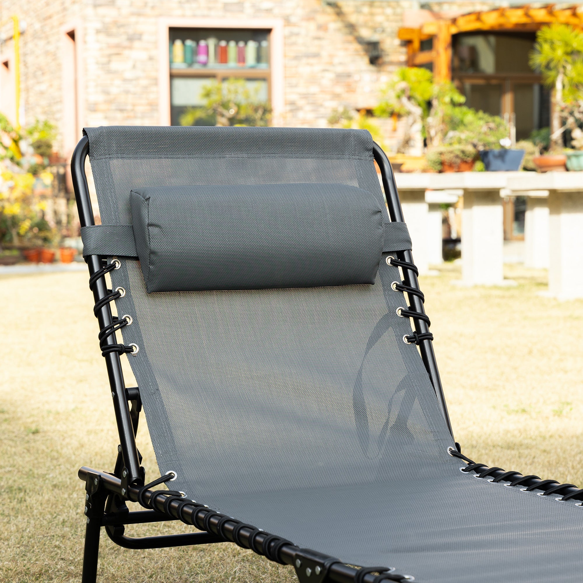 EasyComfort Sdraio da Giardino Pieghevole with Schienale Reclinabile su 5 Posizioni e Cuscino, 185x58x30cm, Grigio