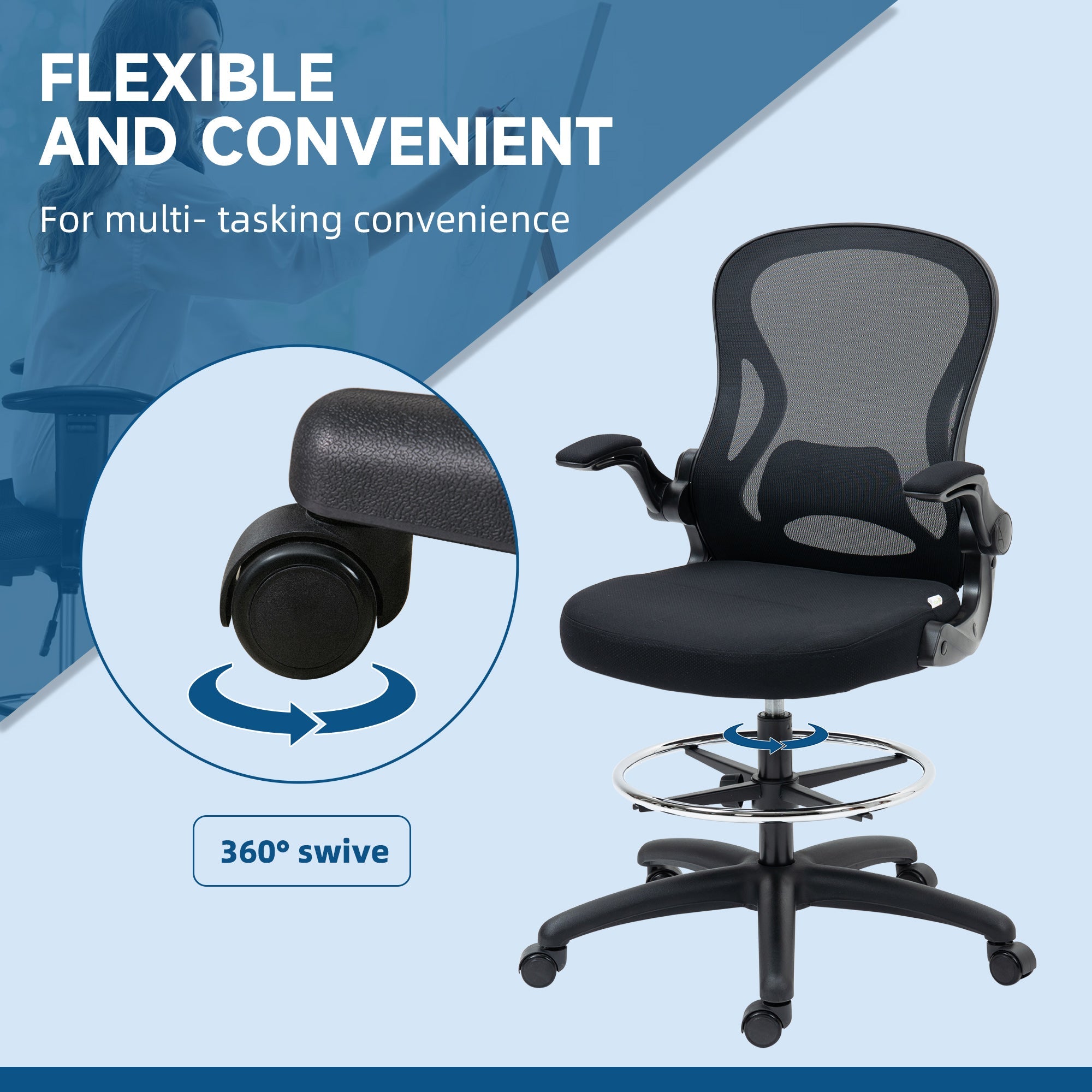 EasyComfort Sedia da Ufficio Ergonomica in Tessuto with Altezza Regolabile Poltrona moderno with Braccioli Ribaltabili, Bianca e Nera