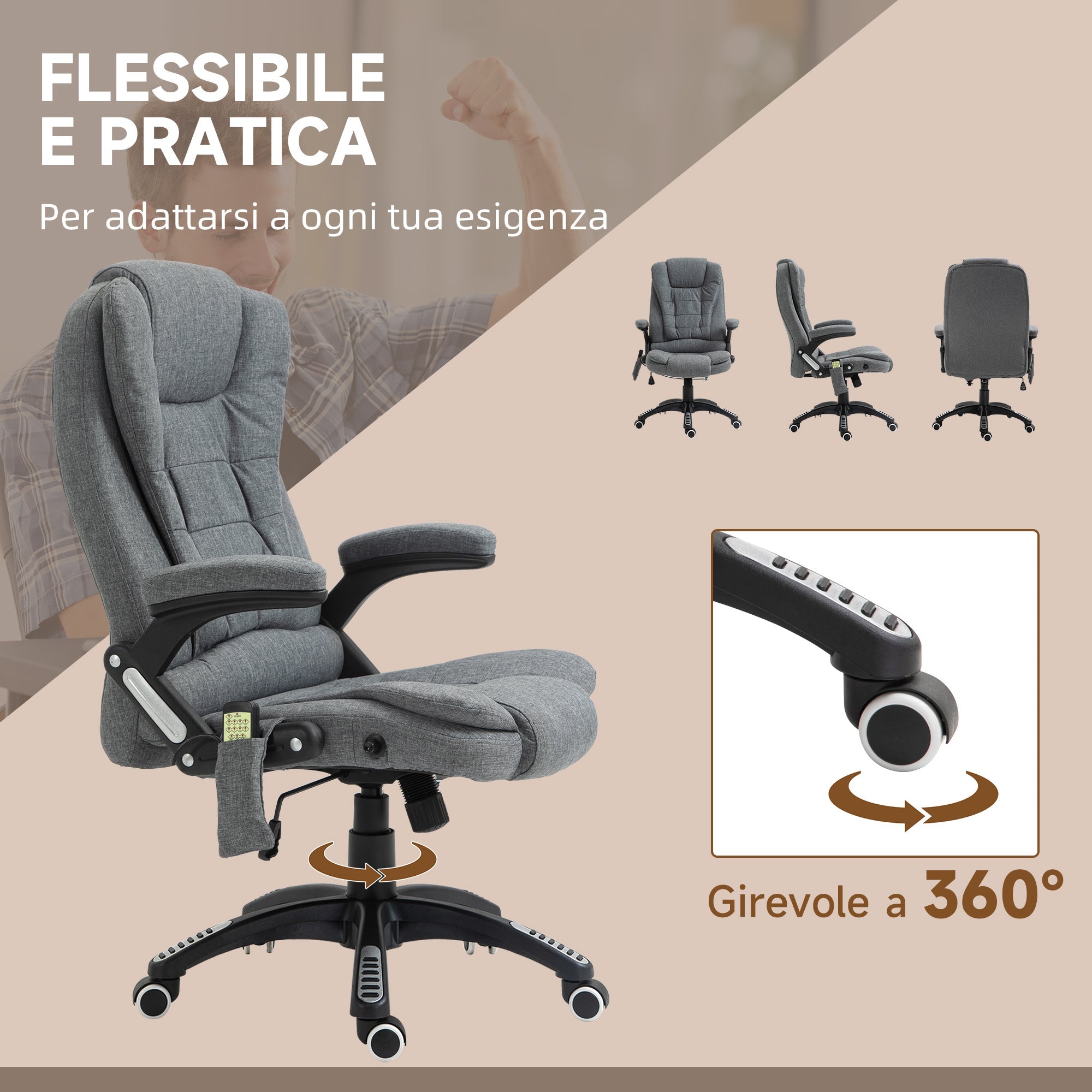 Easycomfort Sedia Massaggiante da Ufficio e Casa, Poltrona da Ufficio Con 6 Punti di Massaggio e Funzione di Riscaldamento e Regolabile in Altezza, Grigia
