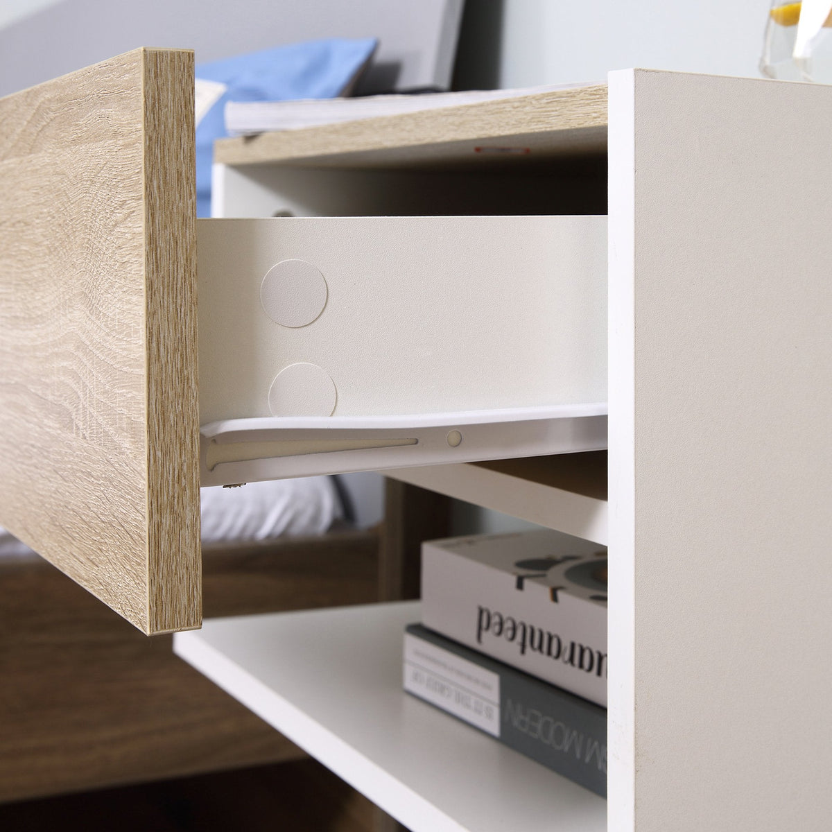 EasyComfort set van 2 zwevende nachtkastjes met lade en plank – wit en eiken