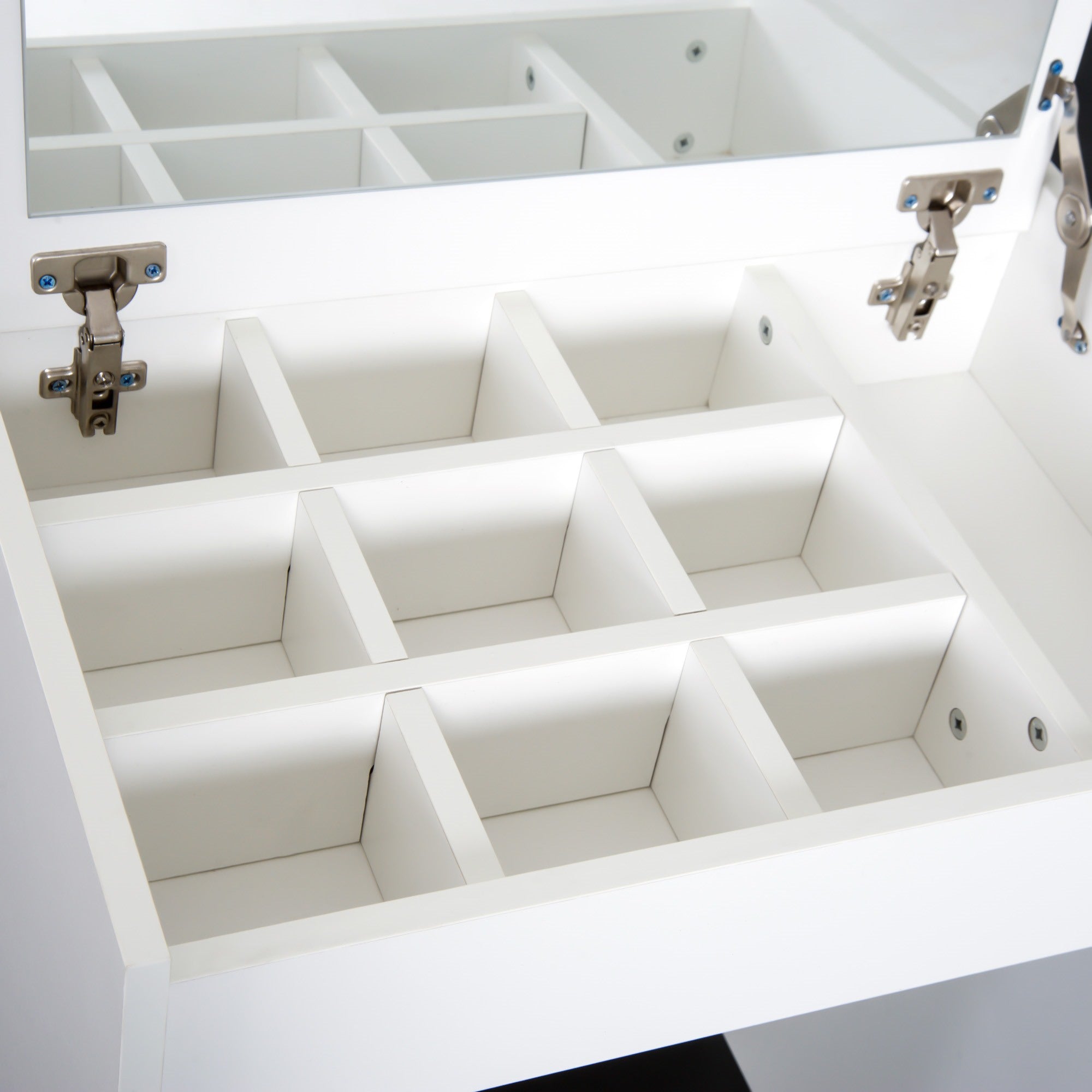 Easycomfort Tavolo da Trucco with Specchio Richiudibile, Tavolo da Trucco Moderno, with Sgabello, Vano Contenitore (10 Scomparti), MDF white, 60.2 x 40.2 x 79cm