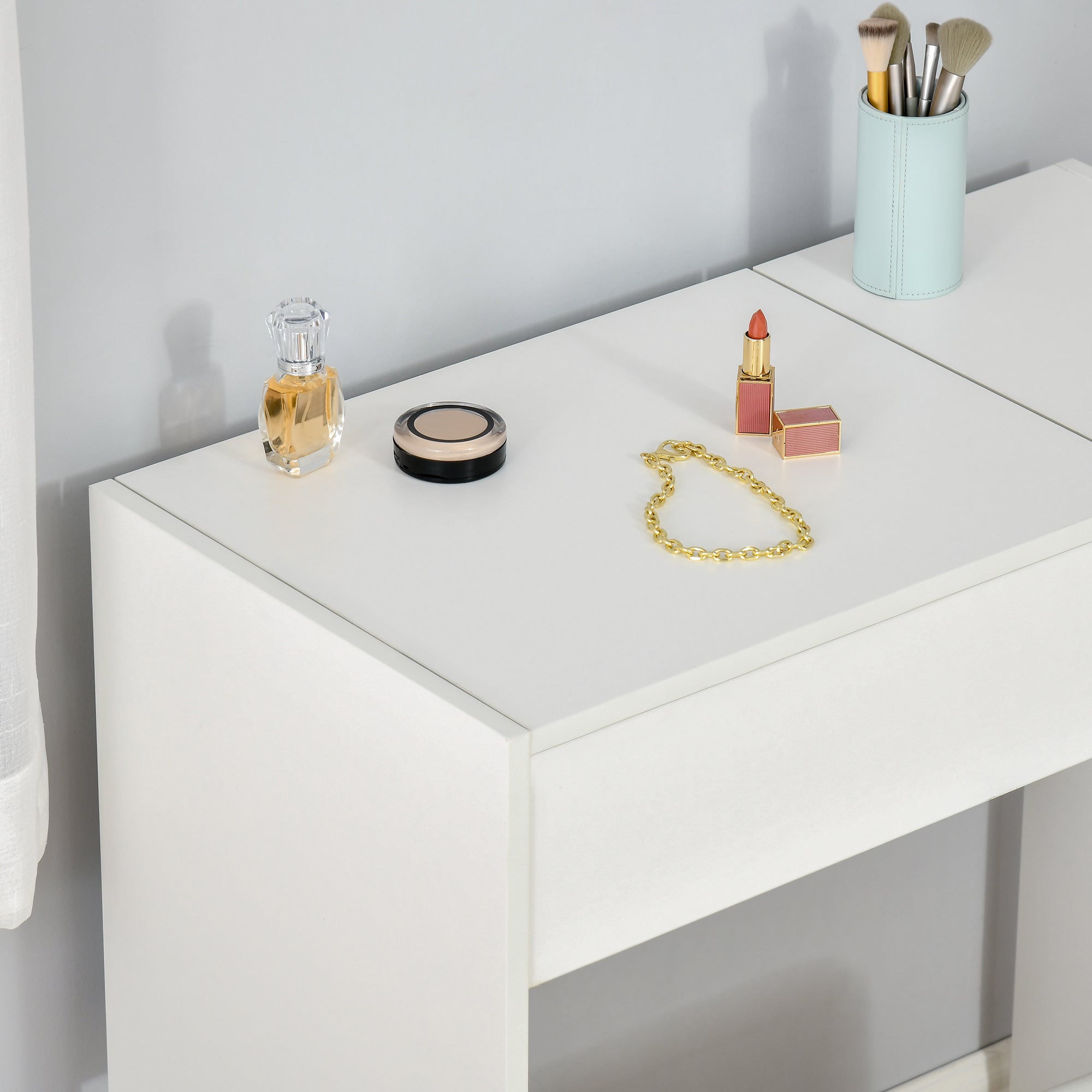 Easycomfort Tavolo da Trucco with Specchio Richiudibile, Tavolo da Trucco Moderno, with Sgabello, Vano Contenitore (4 Scomparti), MDF white, 80x40x79 cm