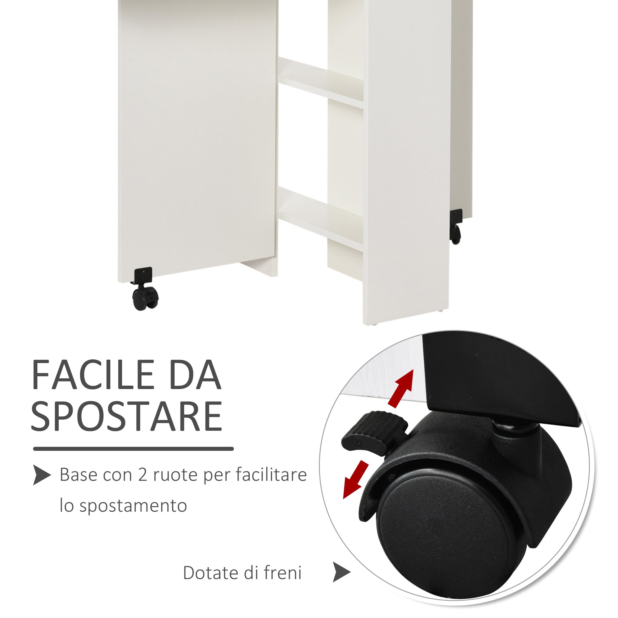Easycomfort Tavolo Pieghevole Salvaspazio, 2 Ripiani Inferiori in Legno, Tavolo Richiudibile Salvaspazio, with Ruote per 6 Persone, 75P x 140l x 74H cm, white