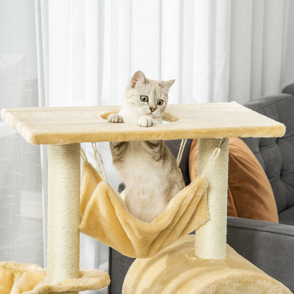 EASYCOMFORT Multilevel Cat Scratching Post with Hammock and House, Natural Sisal Ropes, 55×30×100cm