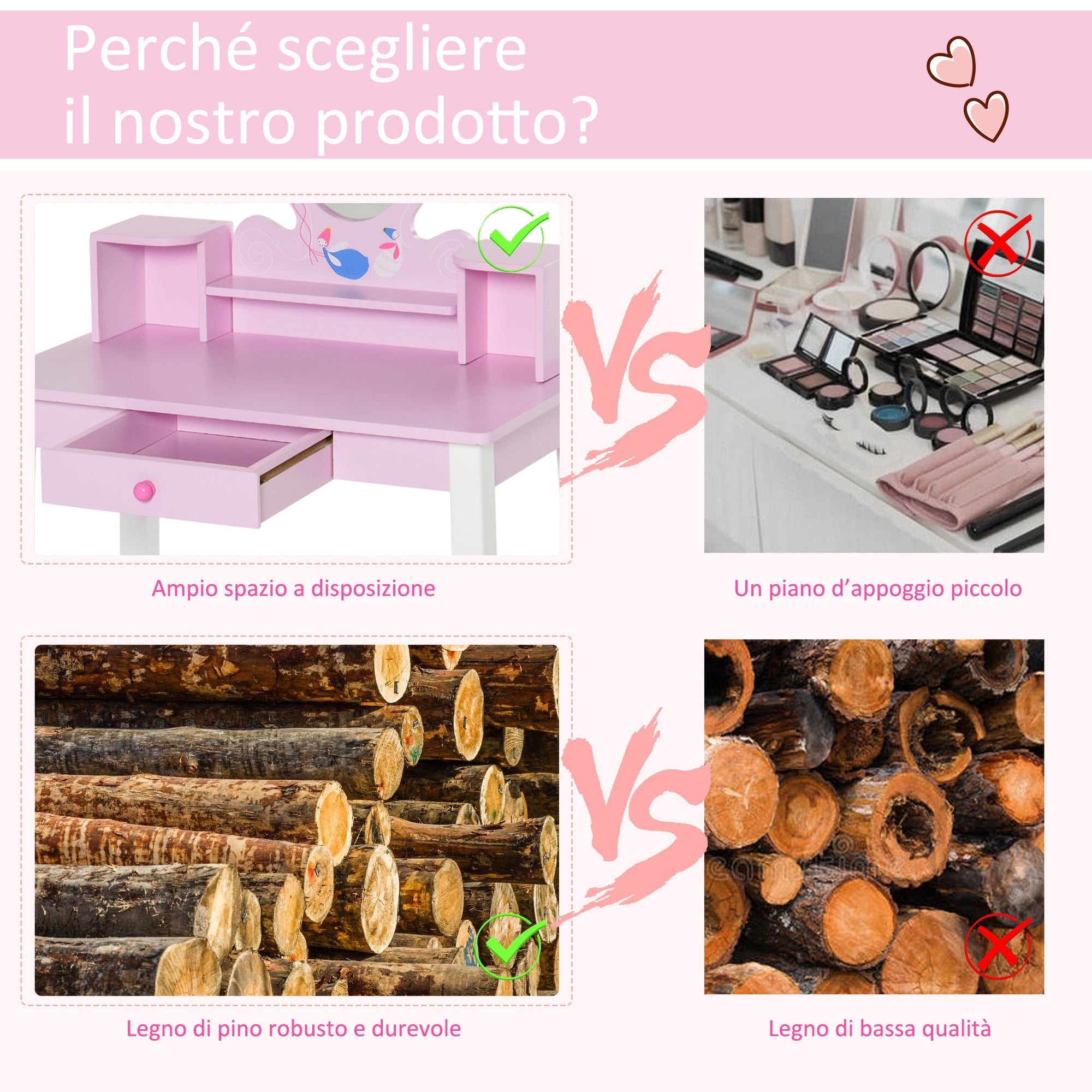 Easycomfort Toeletta per Bambine +3 Anni in Legno, Set Tavolo da Trucco Giocattolo with Specchio e Sgabello, Rosa