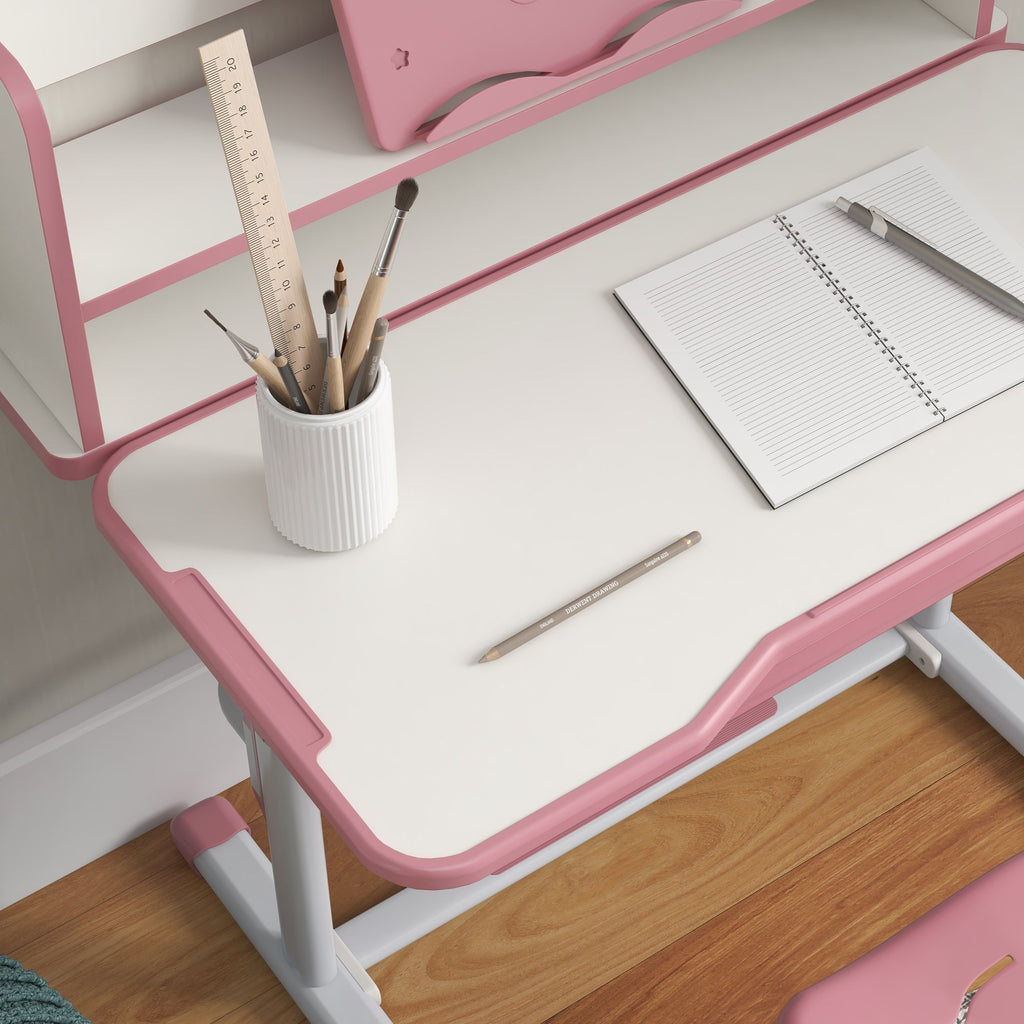 EasycomfortZONEKIZ Set Scrivania per Bambini with Sedia Regolabile in Altezza e Piano Inclinabile, Età 6-12 Anni, Rosa