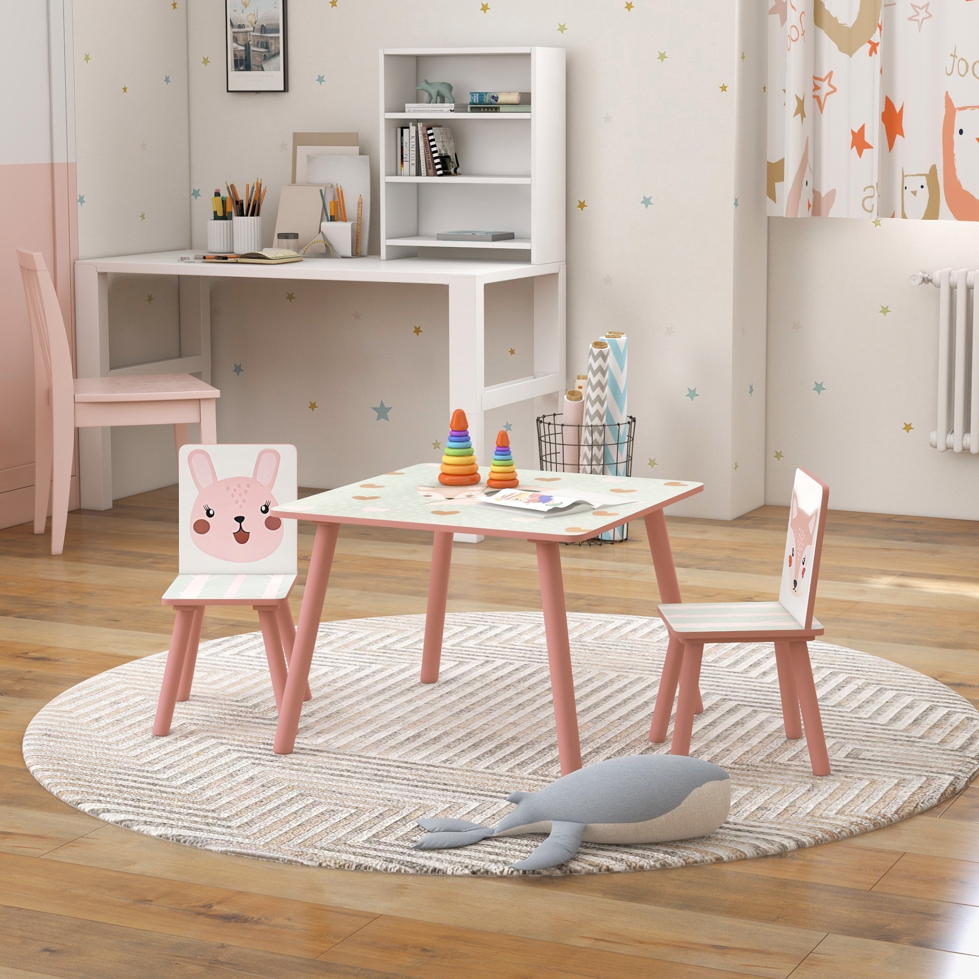 EasycomfortZONEKIZ Set Tavolo e Sedie 3 Pezzi per Bambini 3-8 Anni in MDF e Legno di Pino with Disegni di Animali, Rosa