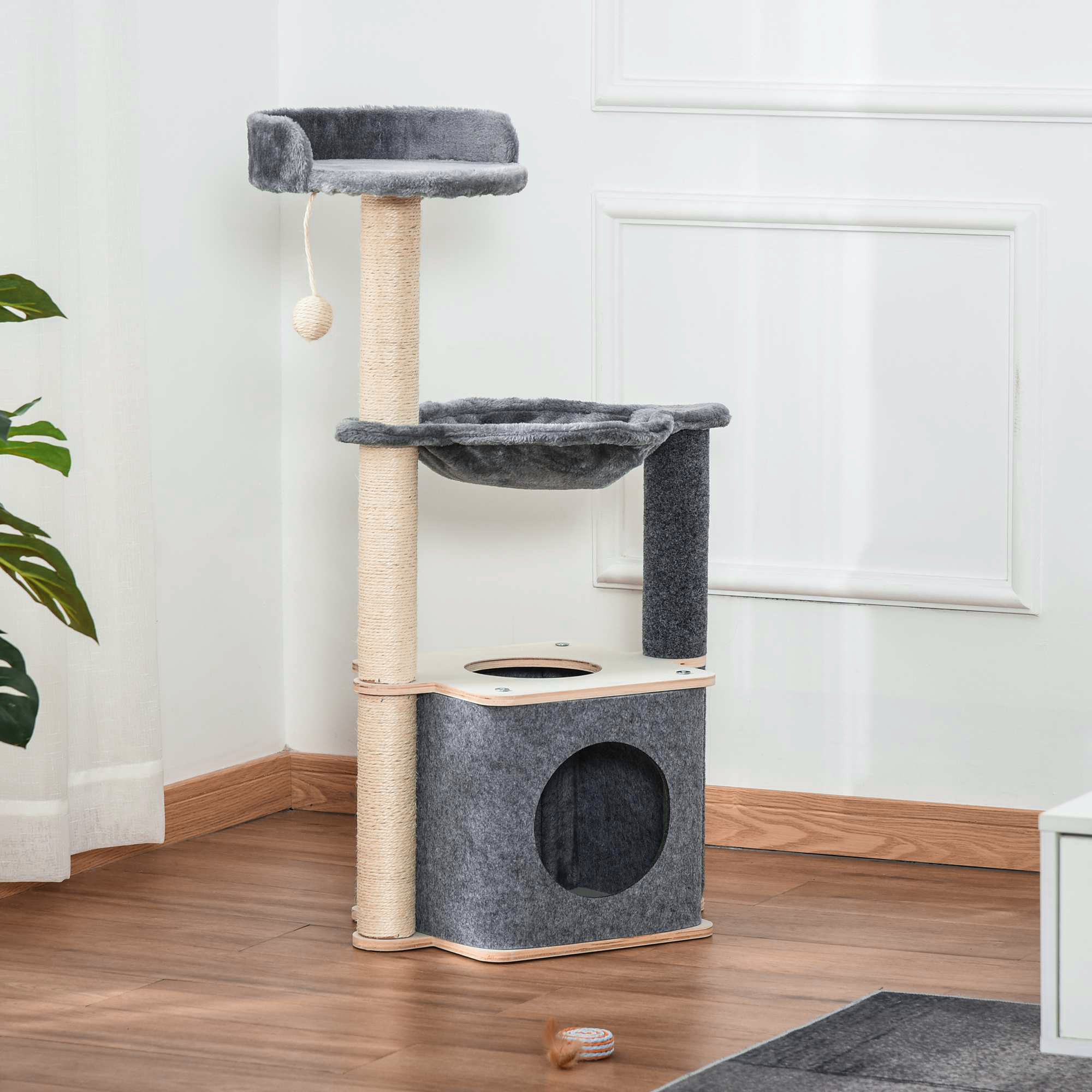 EASYCOMFORT Multilevel Scratching Post Tree for Adult Cats, Cat Gym with House, Hammock, Kennel and Sisal Ropes, 48x34x95cm, Gray