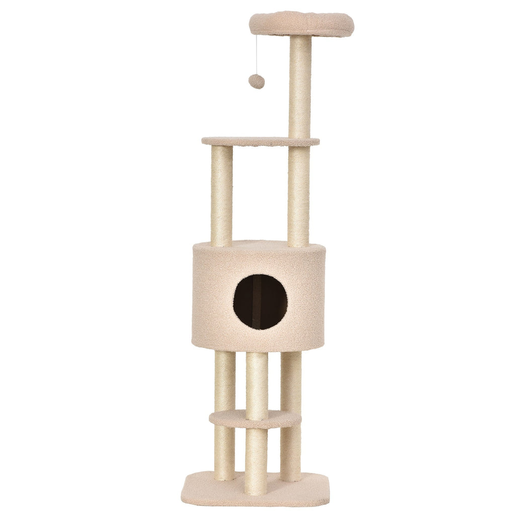 EASYCOMFORT Sturdy Scratching Post for Cats with 5 Levels, Kennel, House, Games and Sisal Rope, Beige, Max 30kg