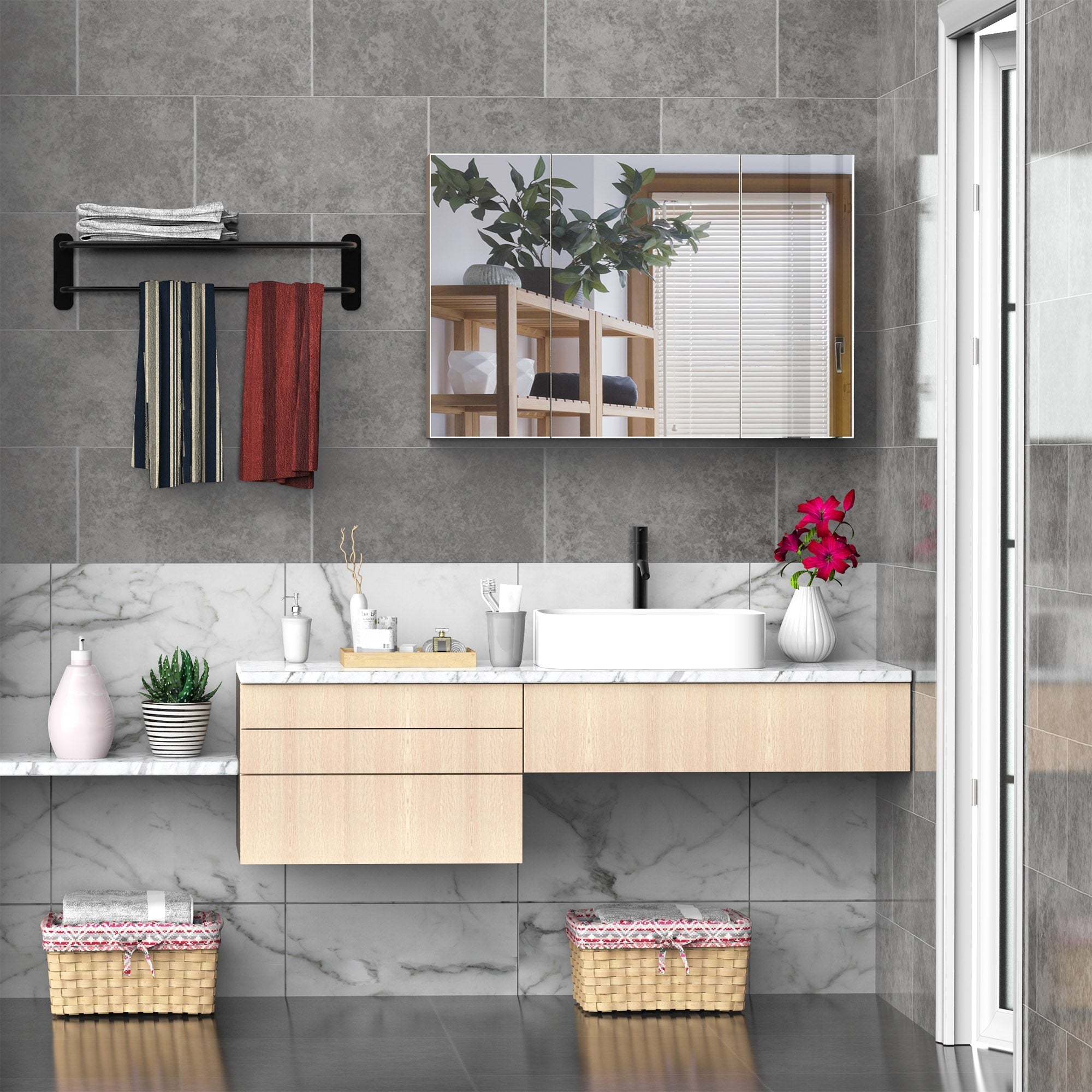 Easycomfort Armadietto Pensile da Bagno wall-mounted with Specchio a 3 Ante e Ripiani Regolabili in Legno 90x60x13.5cm