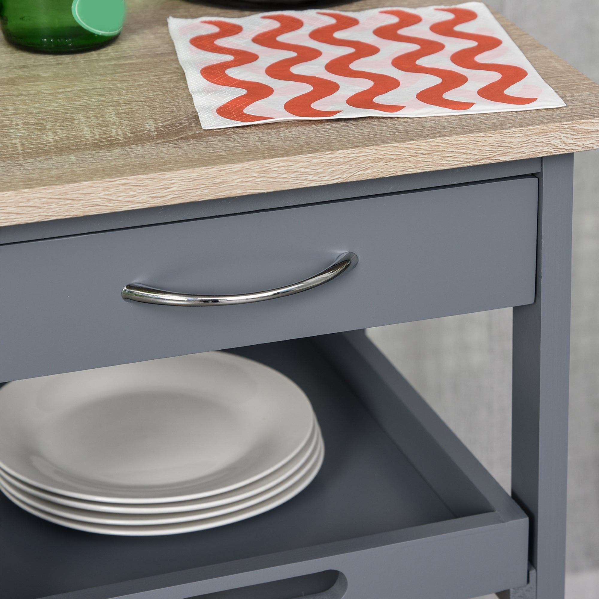 Easycomfort Carrello da Cucina with Cassetto, 2 Vassoi Estraibili e Ripiano Fisso, in Legno di Pino e MDF, 37x37x76 cm