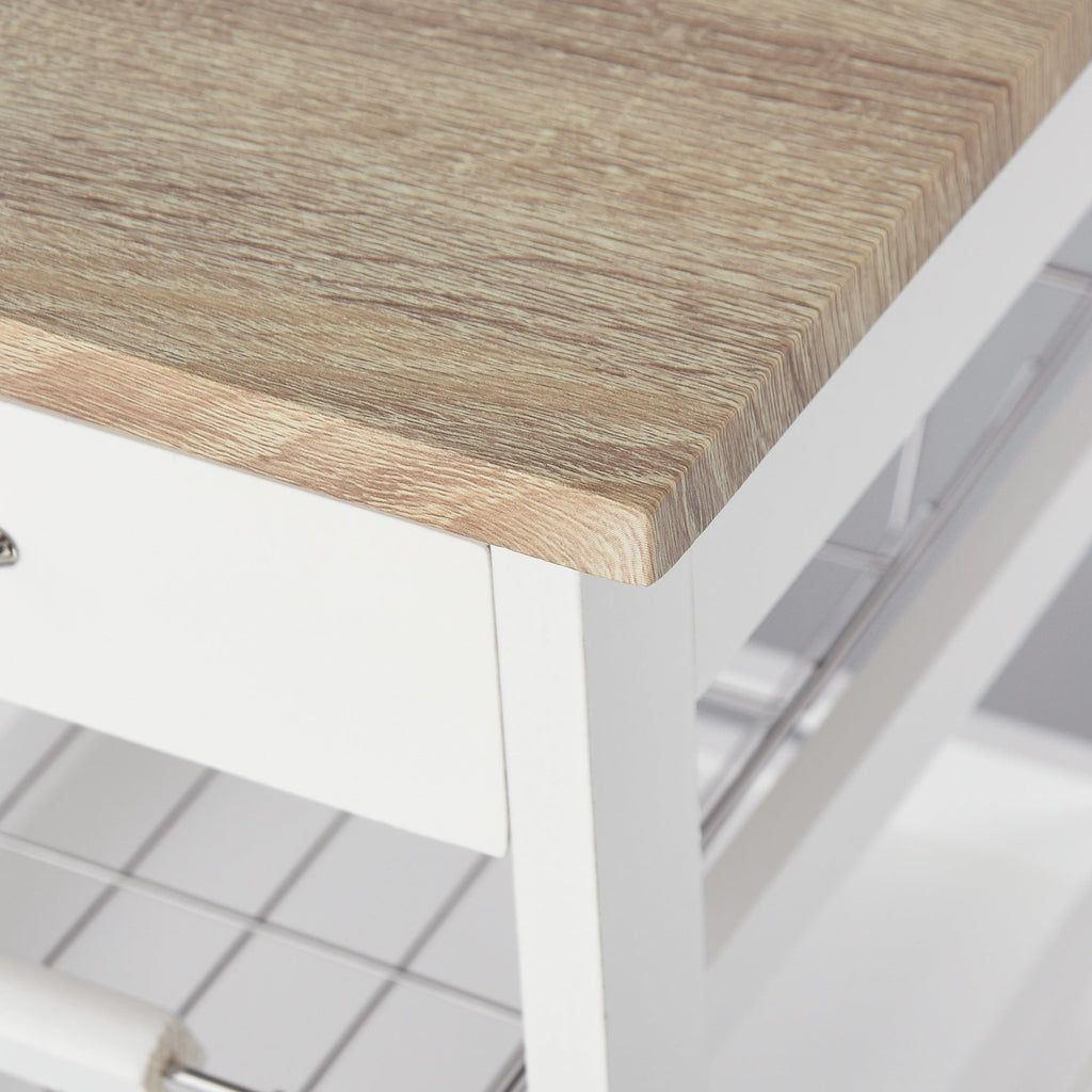 Easycomfort Carrello da Cucina Salvaspazio in Legno di Pino e MDF, Carrello Portaoggetti with Cassetto, Cestello, 2 Vassoi e 4 Ruote Universale, 37x37x82cm, white