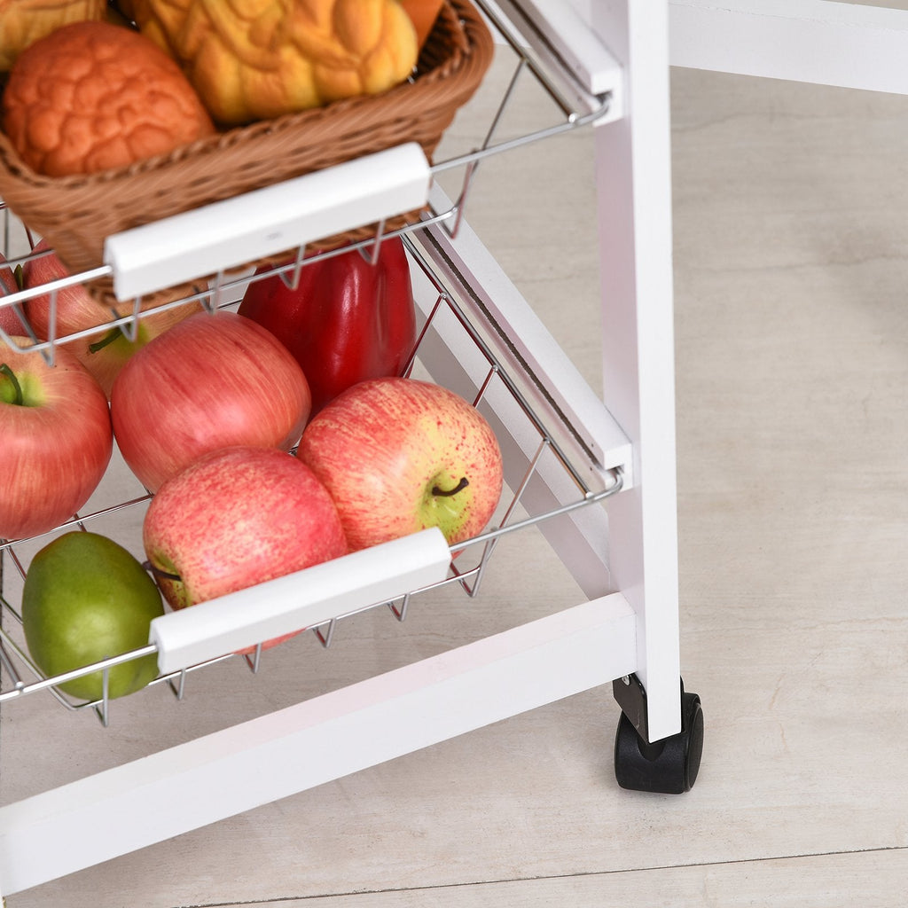 Easycomfort Carrello Portavivande Pieghevole a 6 Ruote with 3 Cestini, Cassetto e 2 Ribalte, Carrellino per Cucina in MDF e Metallo, 37x37x77.5 cm, white e Legno