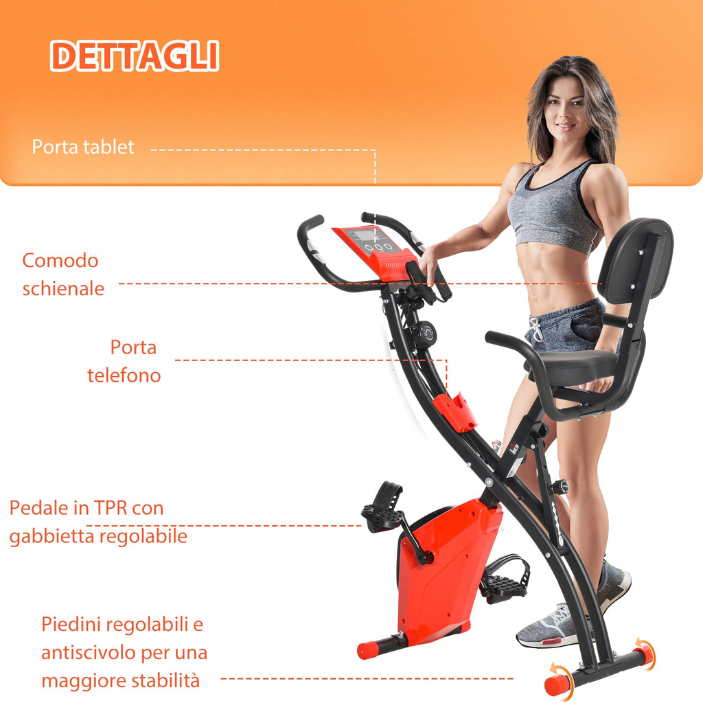 Easycomfort Cyclette Pieghevole 2 in 1, Resistenza Magnetica Regolabile 8 Livelli, Bici da Fitness with Sensore di Frequenza Cardiaca, Elastici per Braccia, Schermo LCD, Rosso