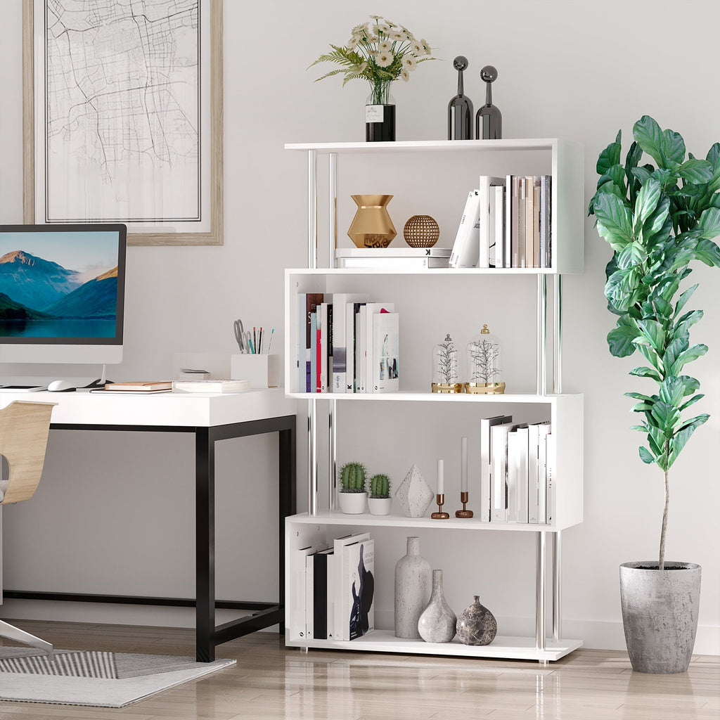 Easycomfort Libreria a 4 Ripiani Design Moderno in Legno e Metallo, Libreria Scaffale per Soggiorno, Studio, Ufficio, 80x30x145cm Bianca