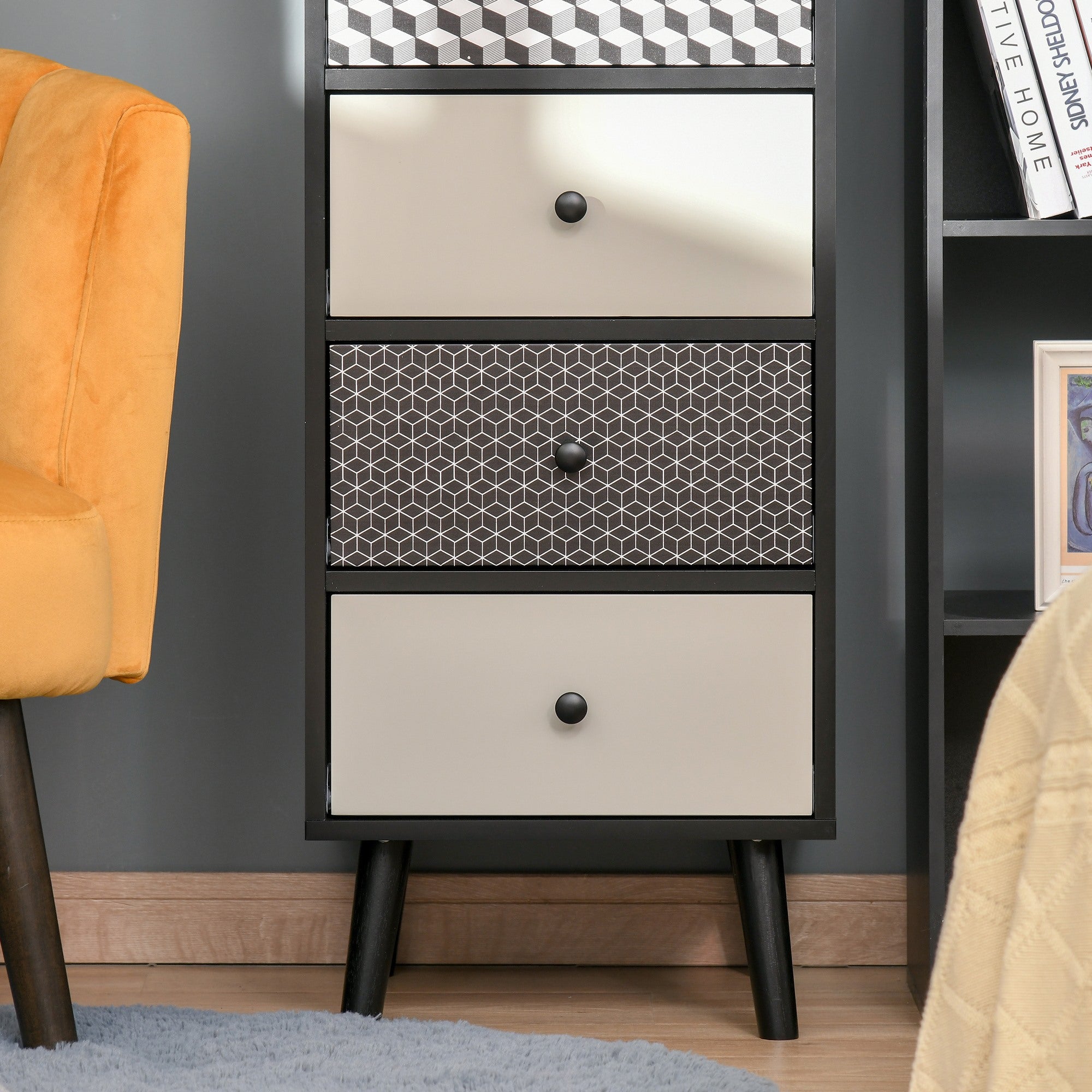 Easycomfort Mobile Cassettiera 5 Cassetti Fantasia Geometrica, Arredamento Moderno Camera e Ingresso, 40x40x111.5cm black Grigio