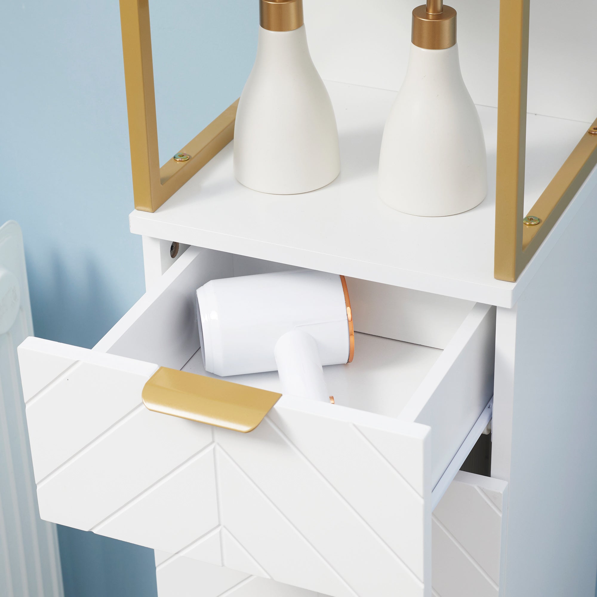 Easycomfort Mobile Colonna Bagno with Cassetto, Armadietto e Ripiano in Legno e Metallo, 30x30x105cm, white