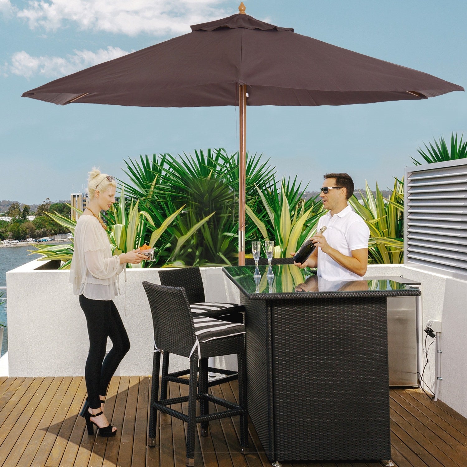 EASYCOMFORT Garden Umbrella 2.5x2.3 m 6 Ribs with Crank, in Wood and Polyester, Brown